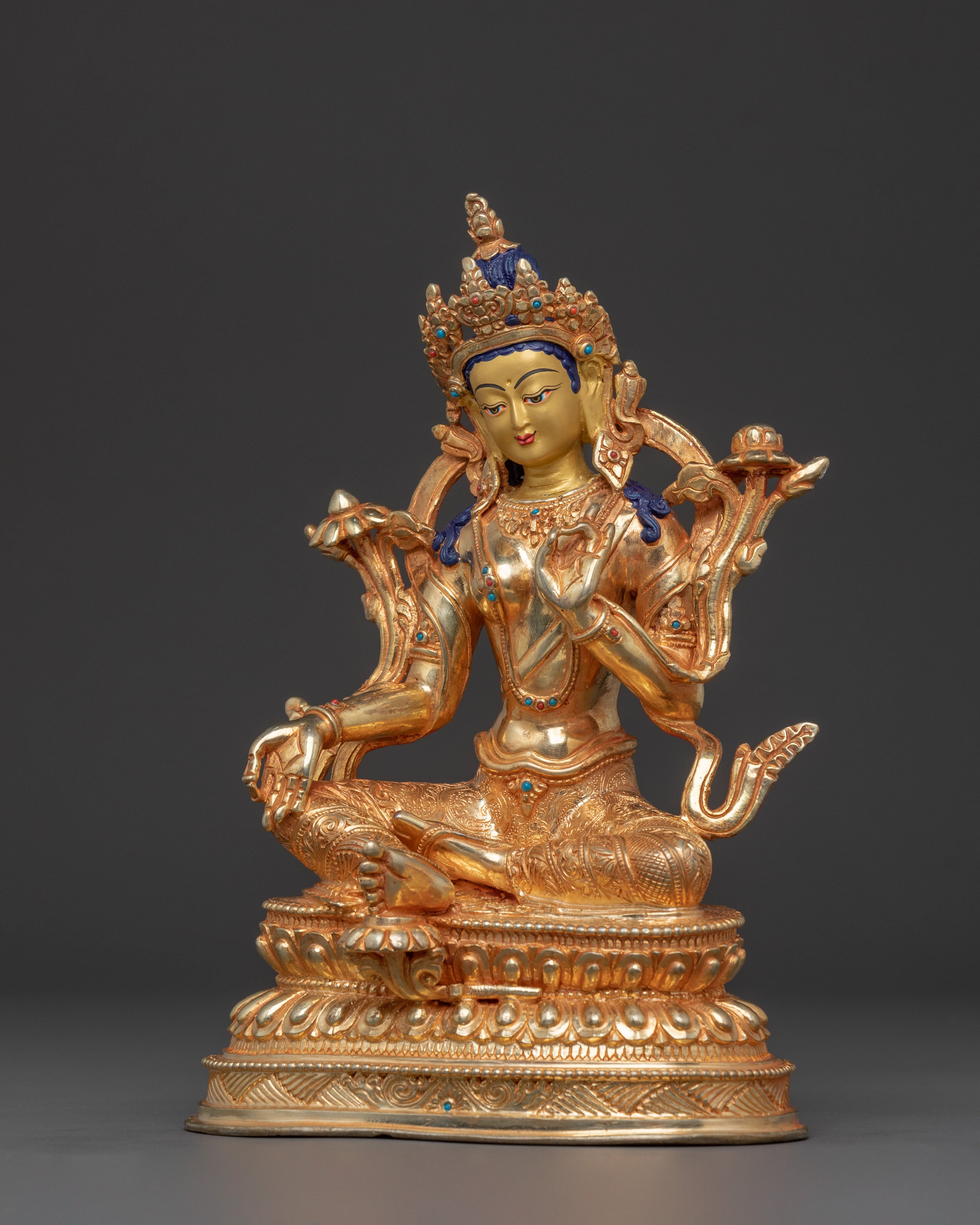 Green Tara Handcrafted Spiritual Statue - 24K Gold Gilded Artistry