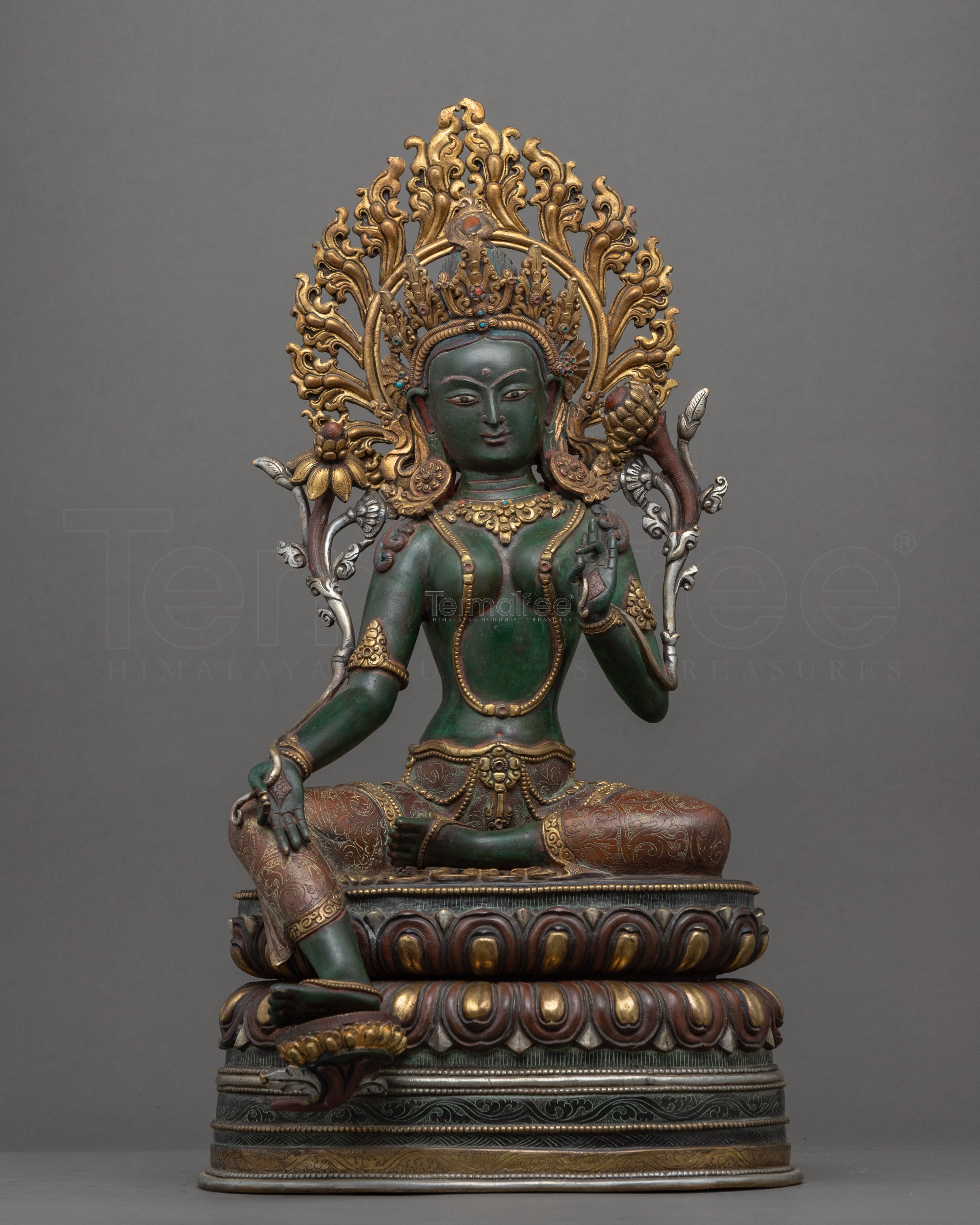 Tibetan Green Tara Guru Sculpture |  Gold-Gilded Statue For Meditation