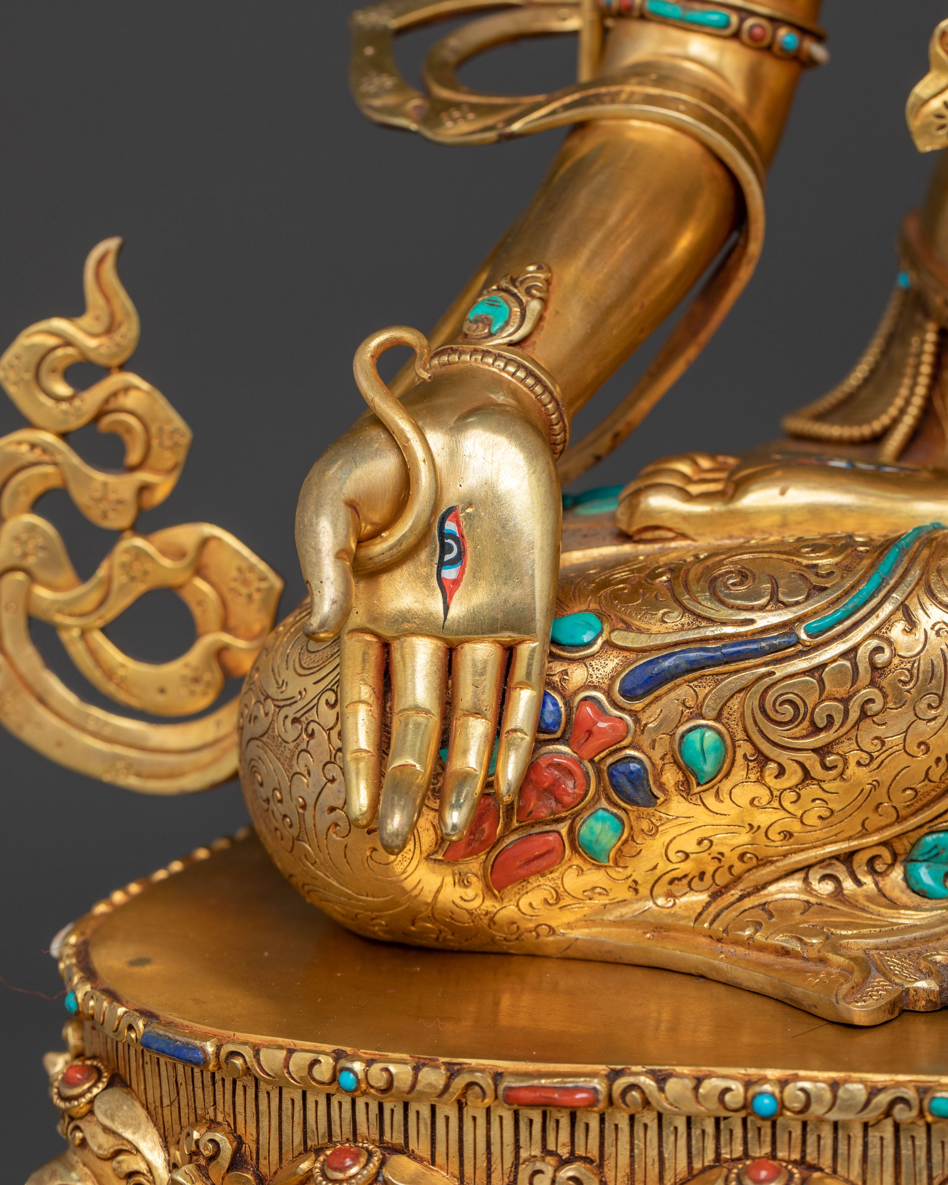 White Tara Statue Seated on Throne | 24k Gold Glided