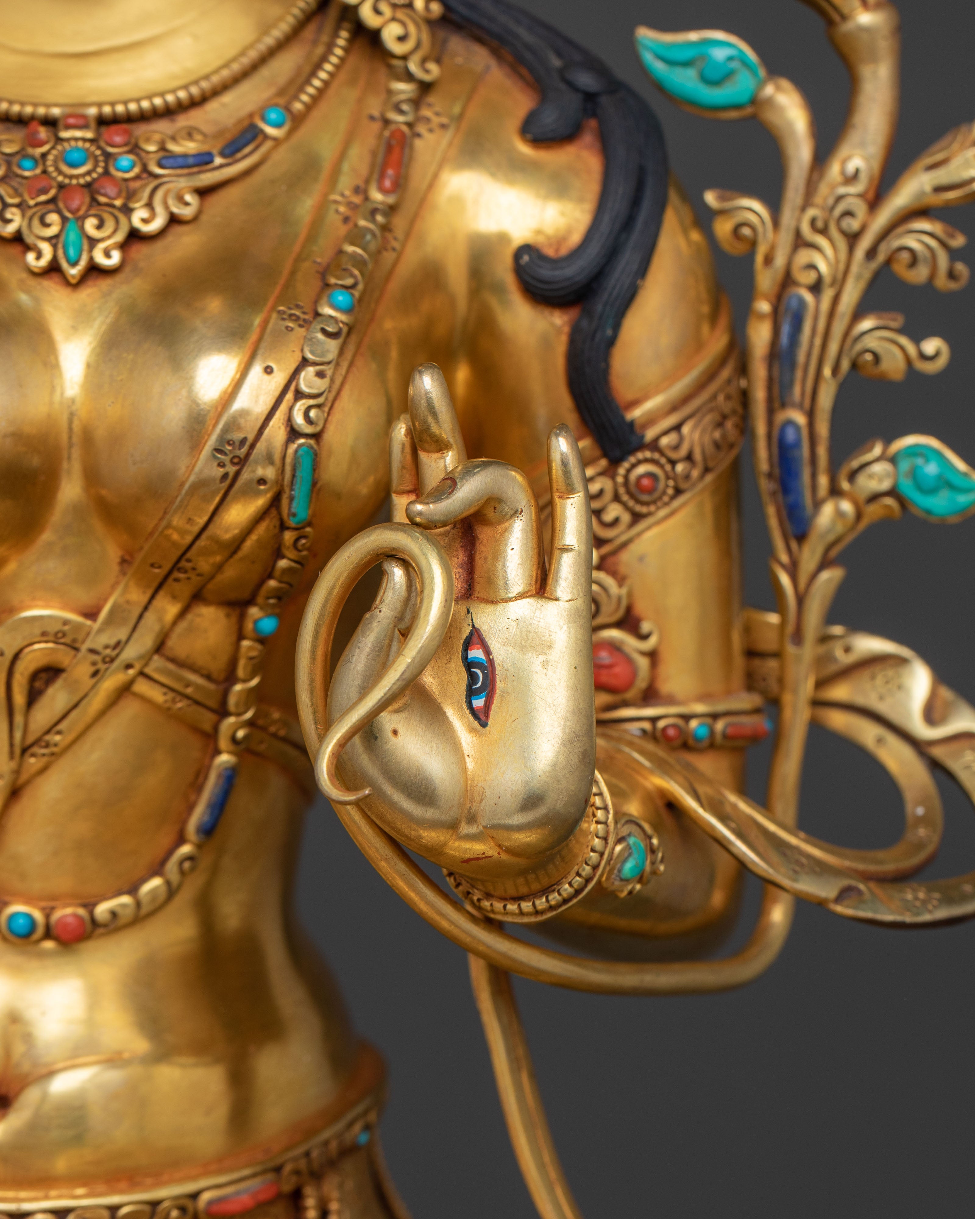 White Tara Statue Seated on Throne | 24k Gold Glided