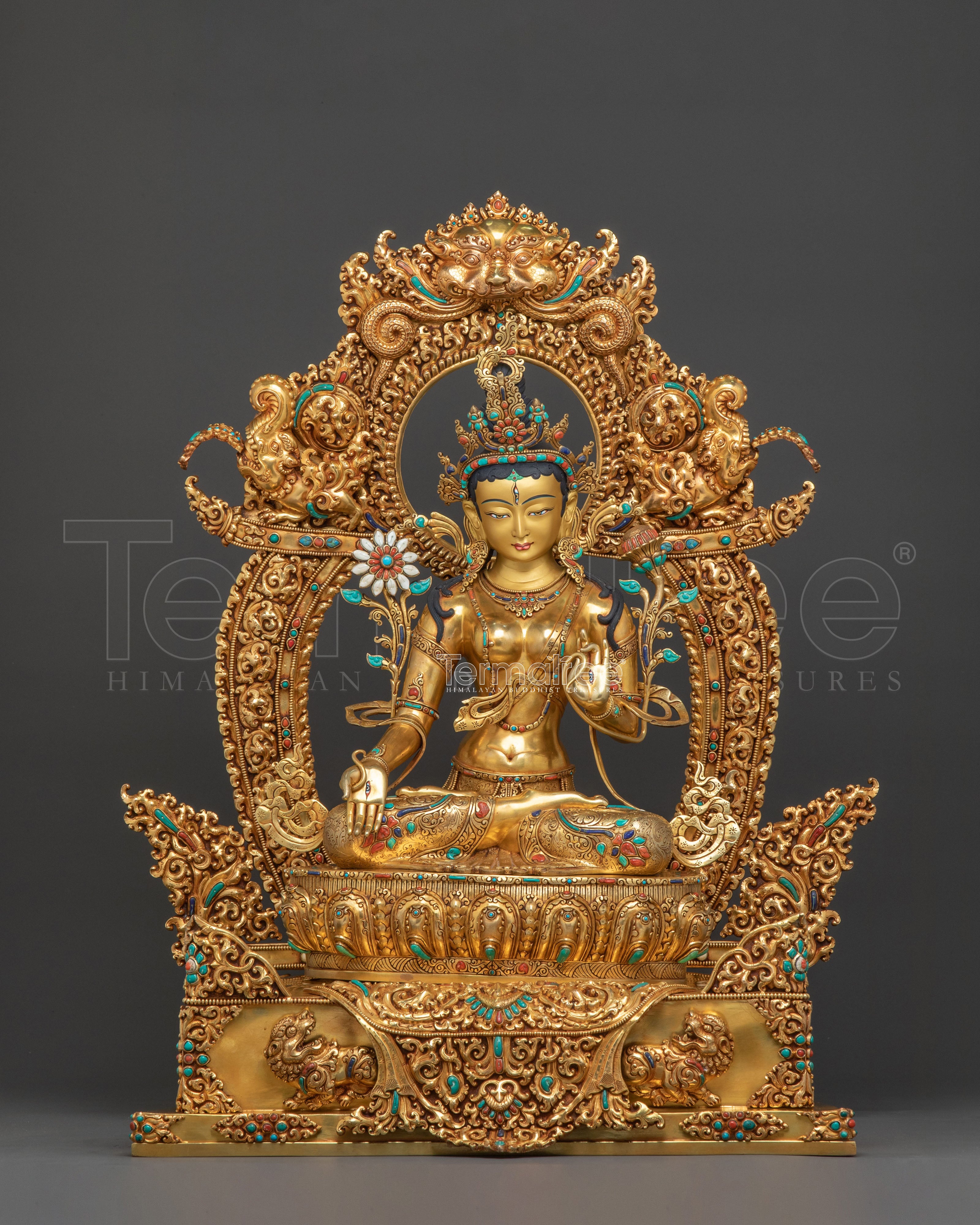 White Tara Statue Seated on Throne | 24k Gold Glided