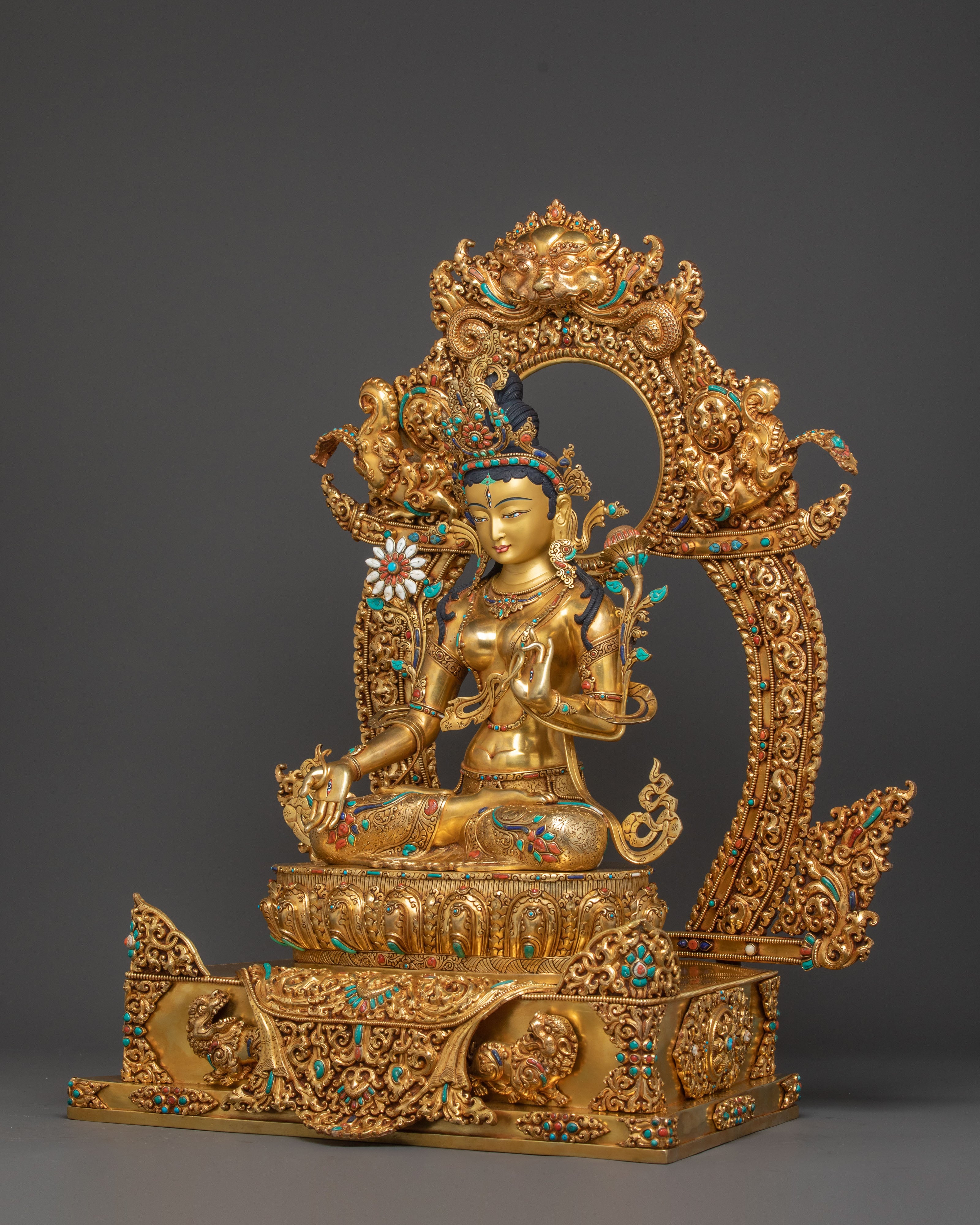 White Tara Statue Seated on Throne | 24k Gold Glided