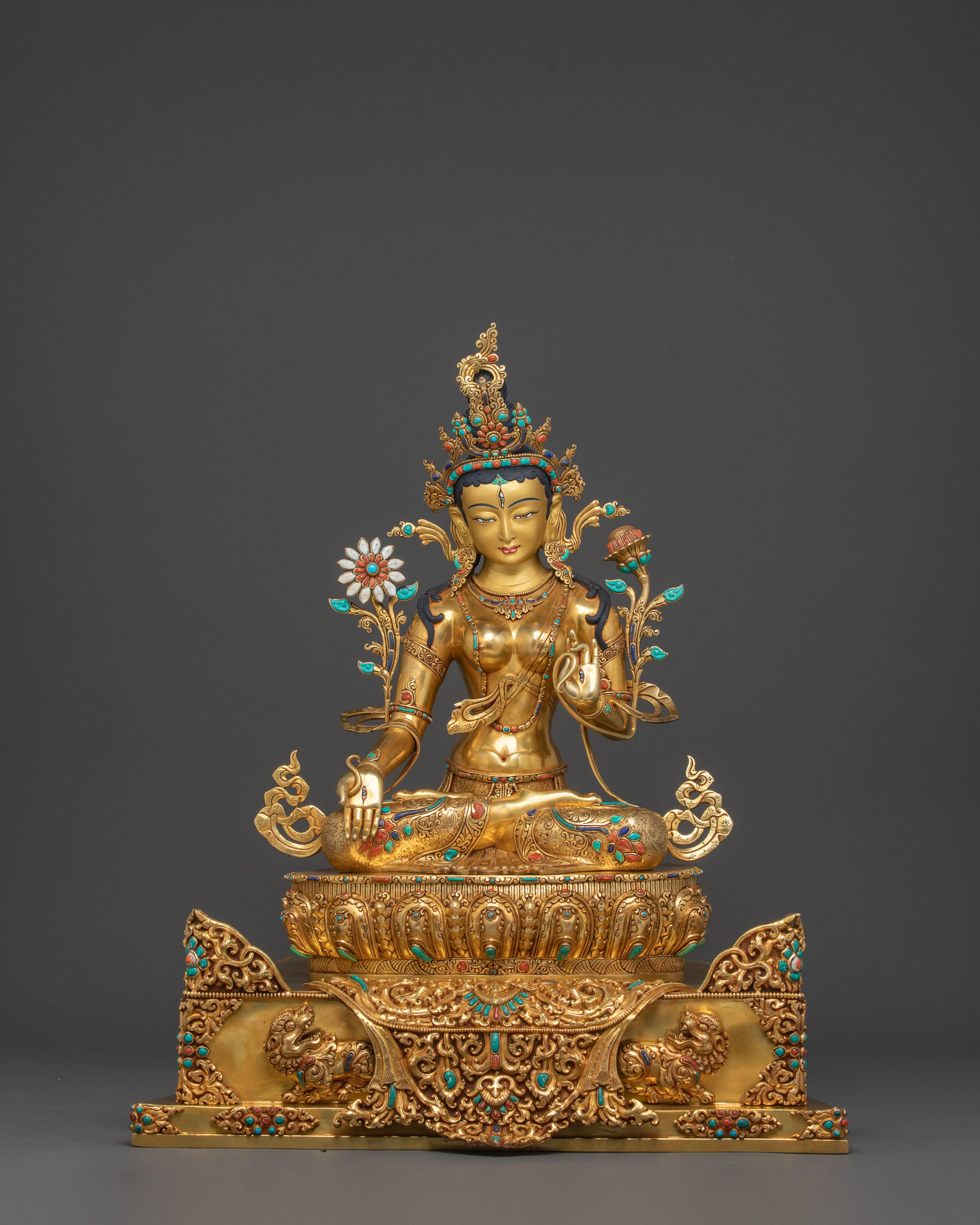 White Tara Statue Seated on Throne | 24k Gold Glided