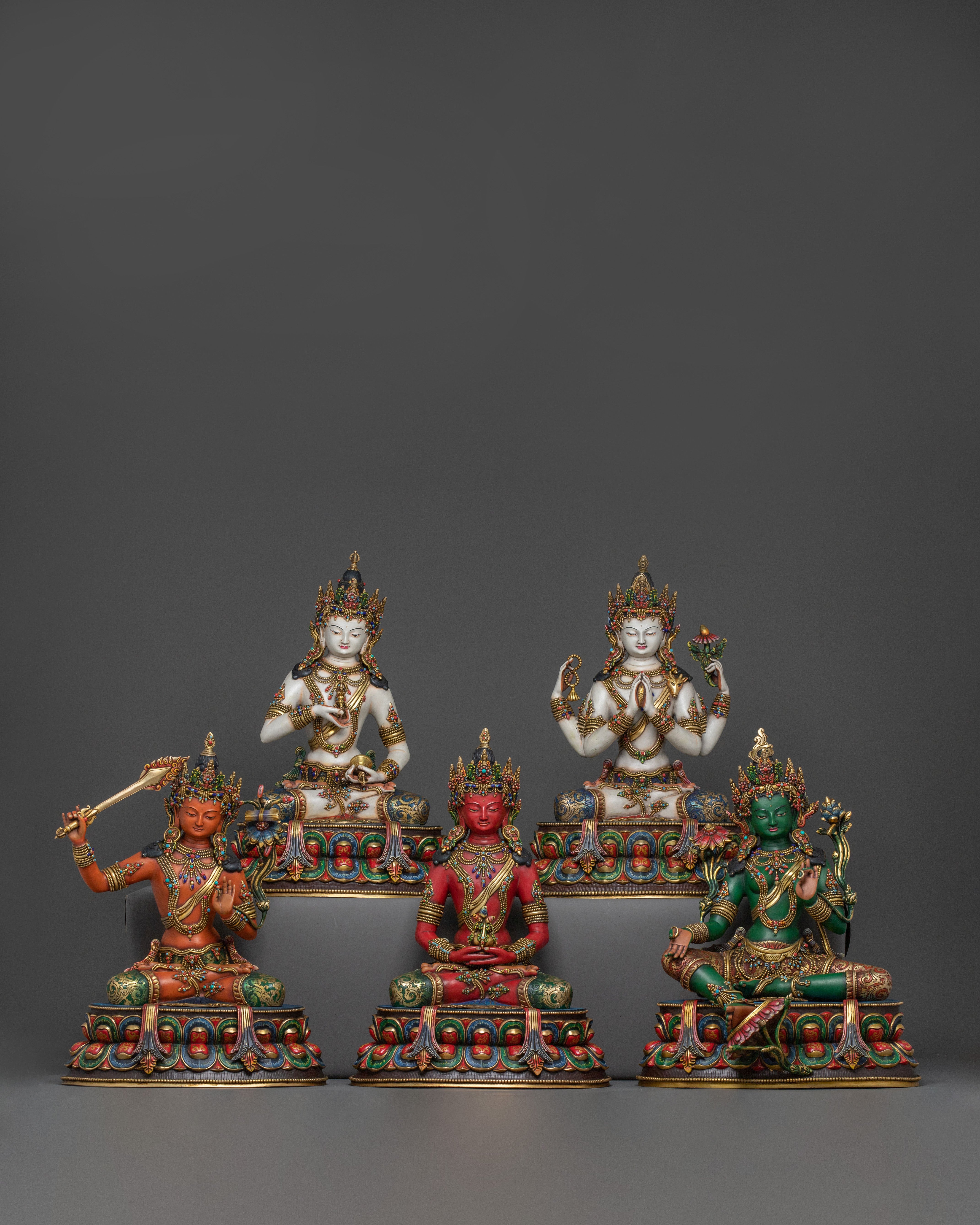 Handcrafted Five Bodhisattva Sacred Statue Set