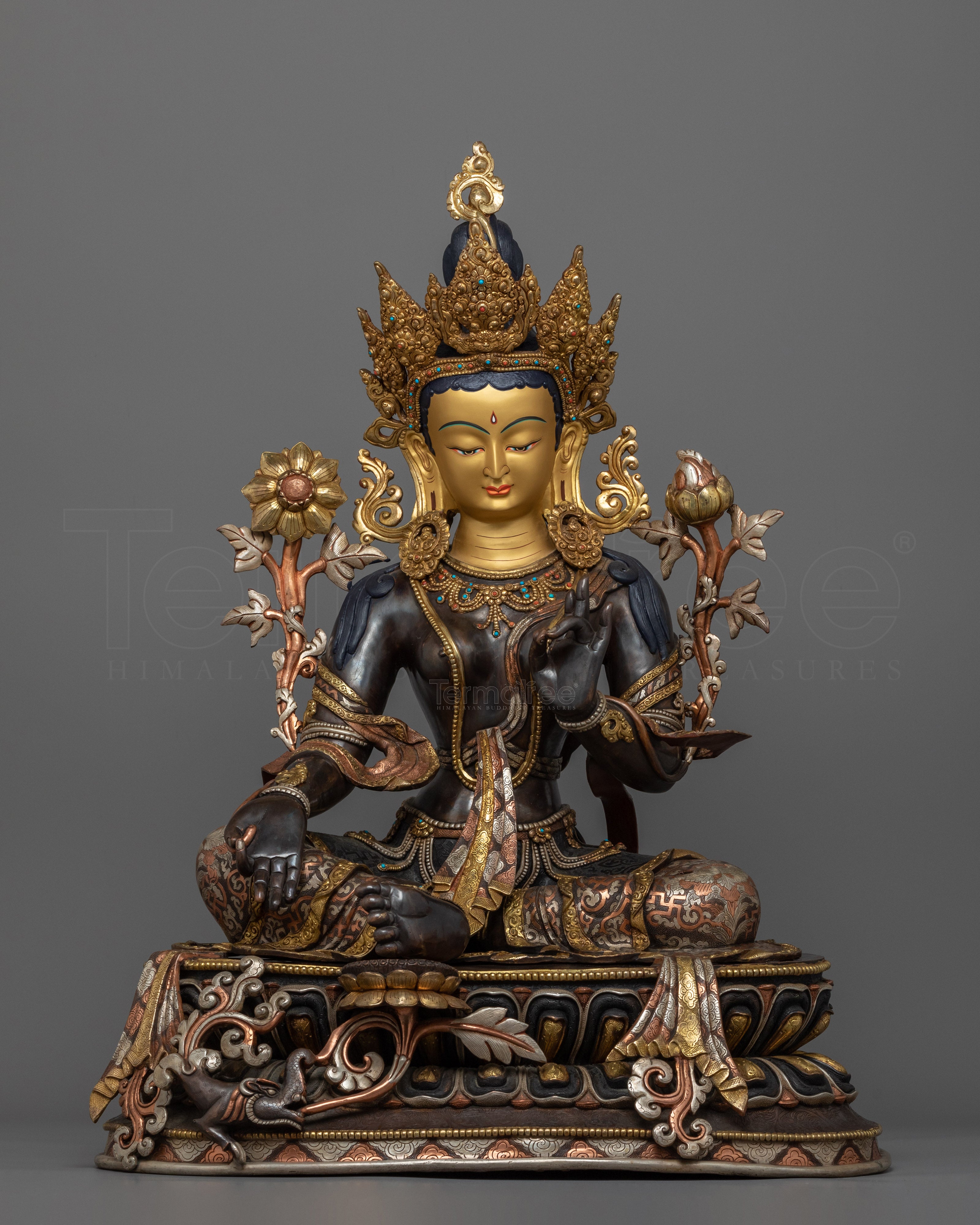Green Tara Princess Statue | Traditional Tibetan Copper & Gold Statue Of Mother Tara - Termatree