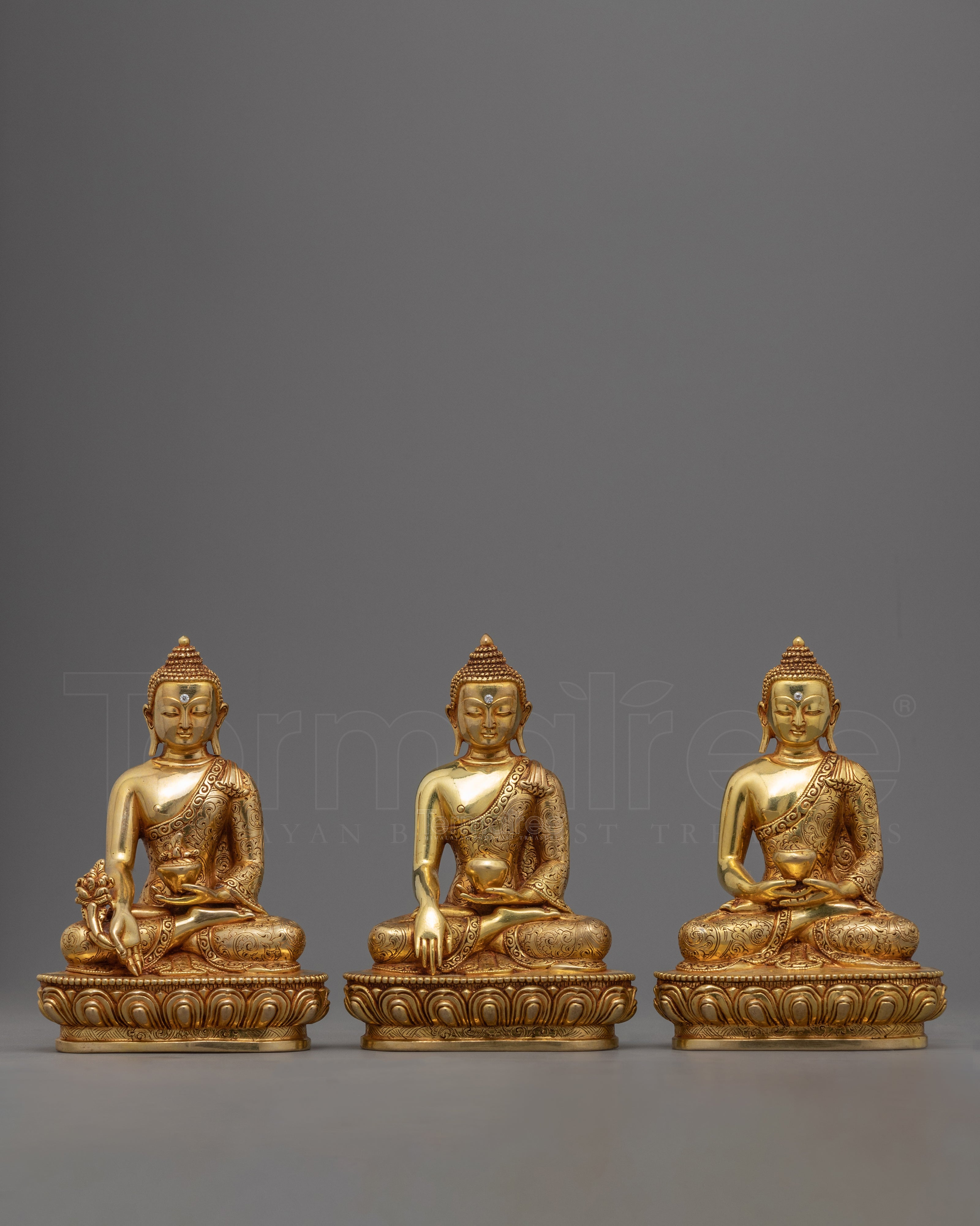 Gold-Gilded Three Buddha Statue Set | Shakyamuni, Amitabha & Medicine Buddha Sculpture - Termatree