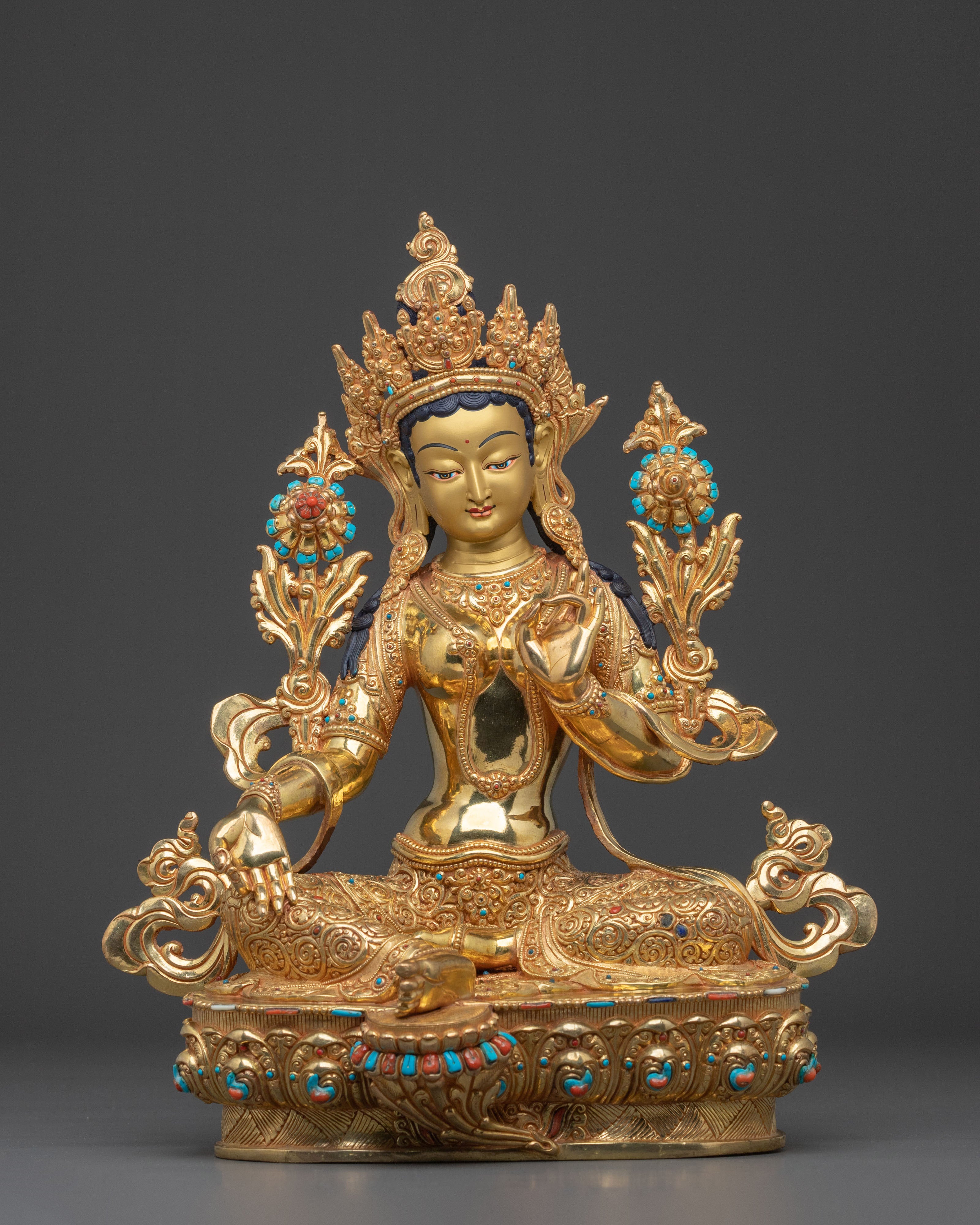 Green Tara Peaceful Statue | 24K Gold Gilded Guardian