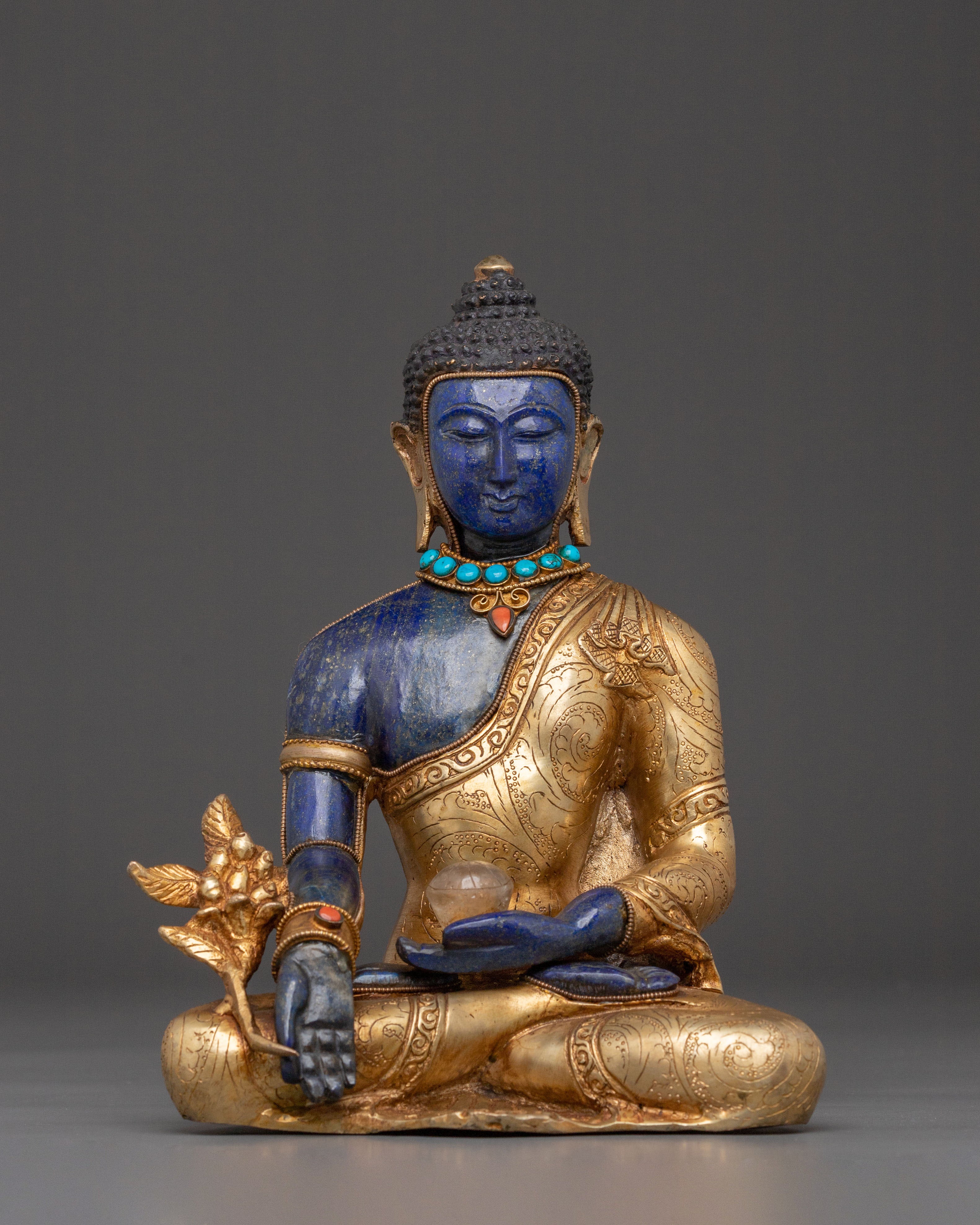 Lapis Lazuli Medicine Buddha Statue: 24K Gold Electroplating