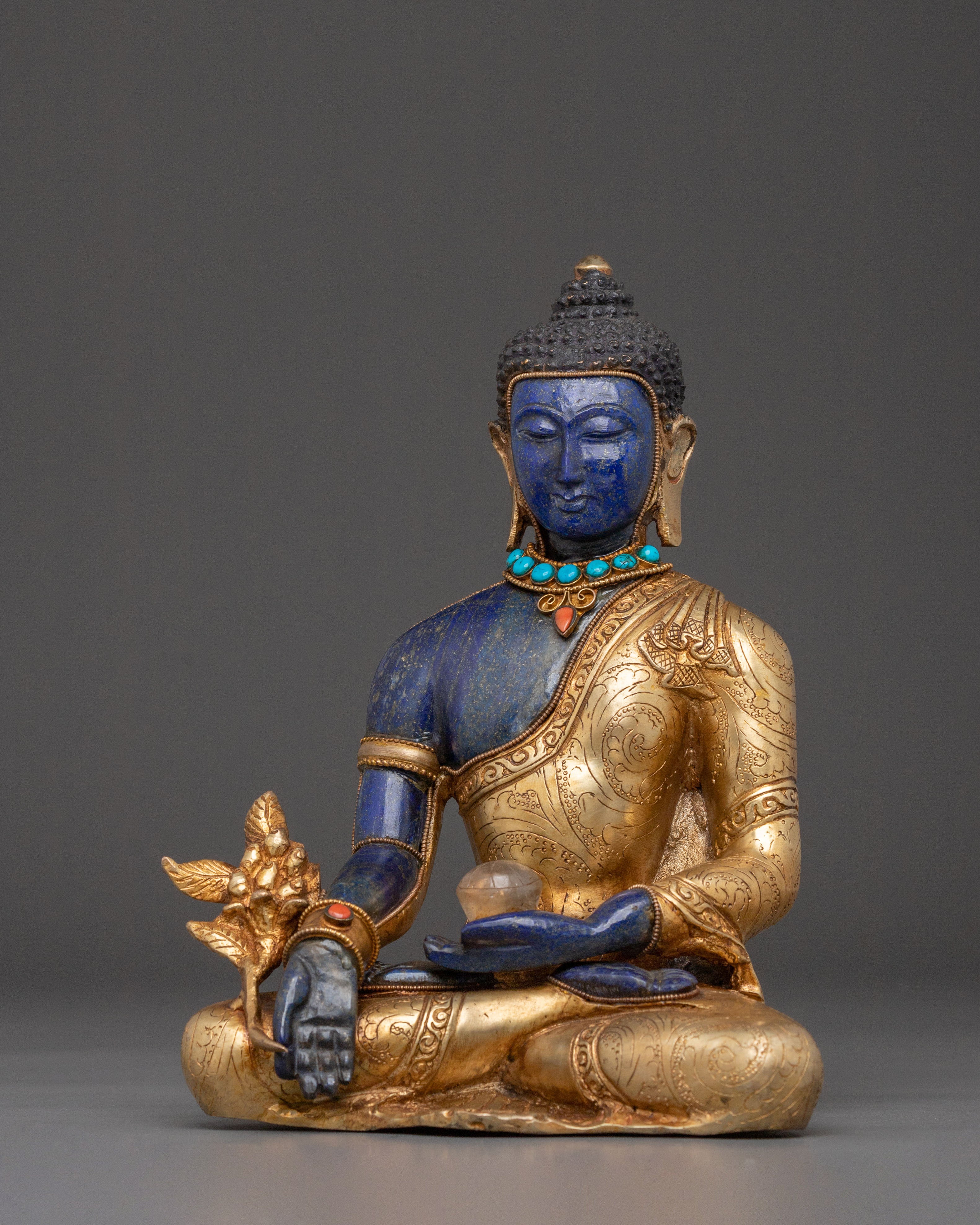 Lapis Lazuli Medicine Buddha Statue: 24K Gold Electroplating