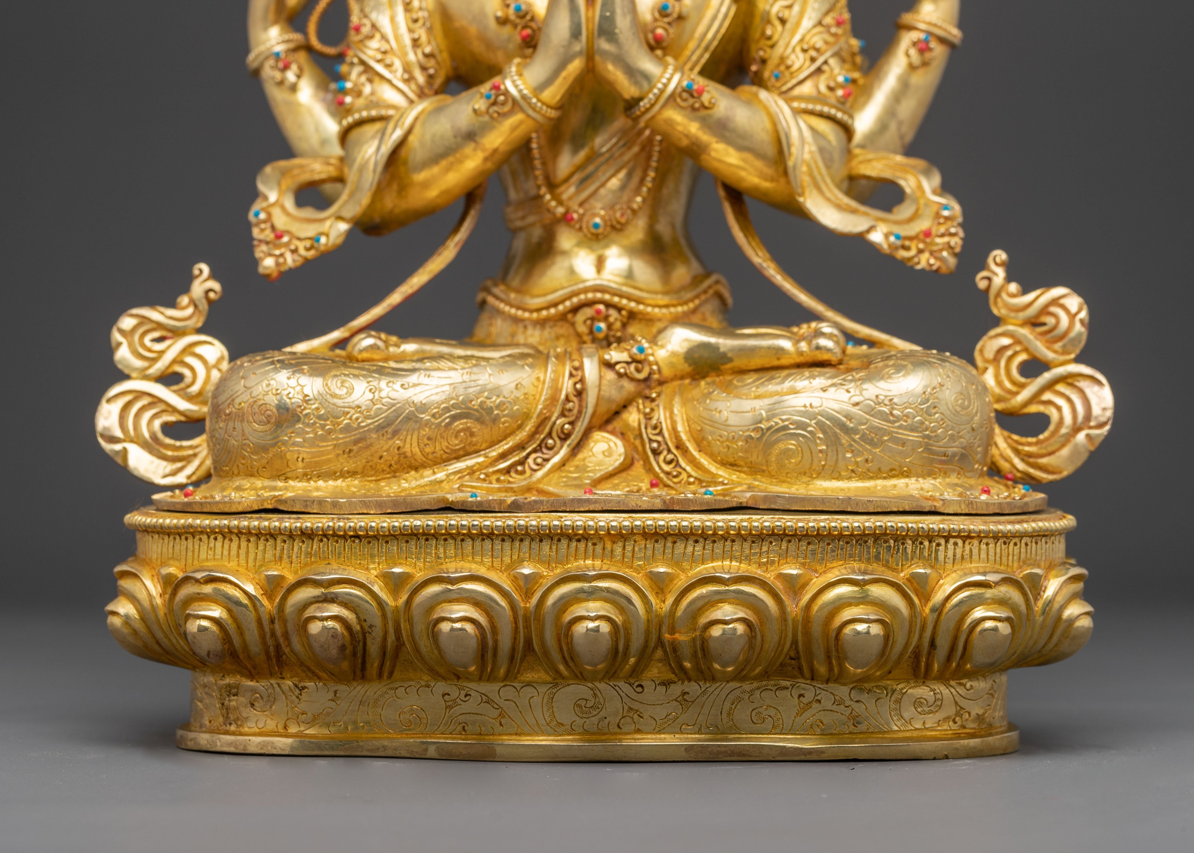 Handcrafted Golden Statue of Four Armed Chenrezig | Bodhisattva of Infinite Compassion