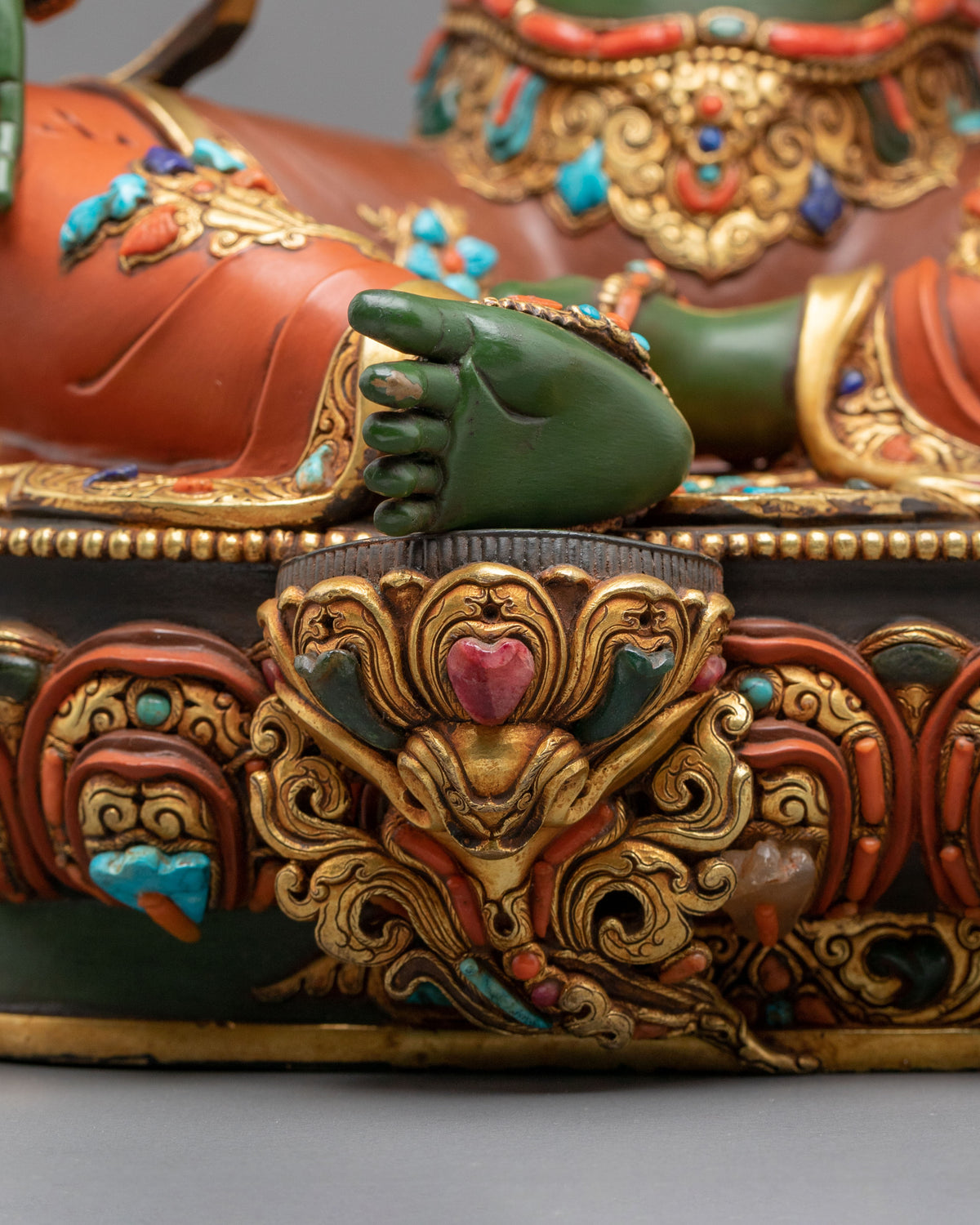 Green Tara Sculpture | Handmade Statue Adorned with Gemstones