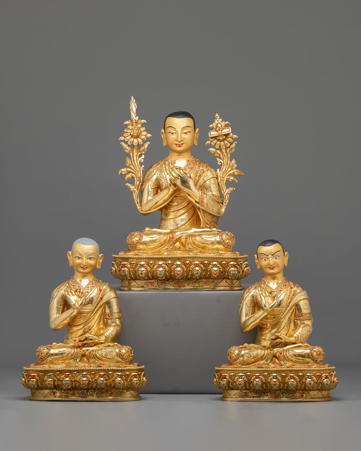 Tsongkhapa with Disciples Gelug Lineage Statue Set | 24K Gold Gilded