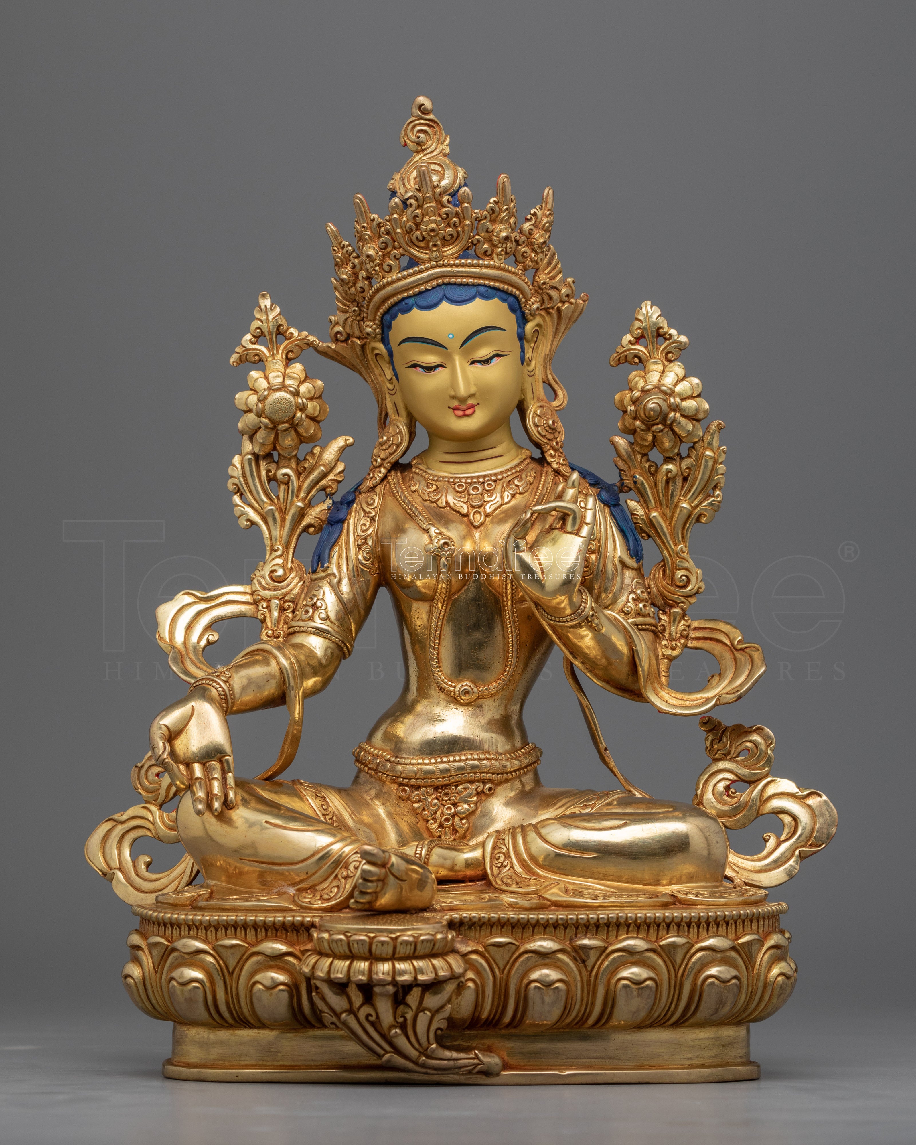 Hand Carved Green Tara Bodhisattva Statue | Gold Plated Buddhist Art