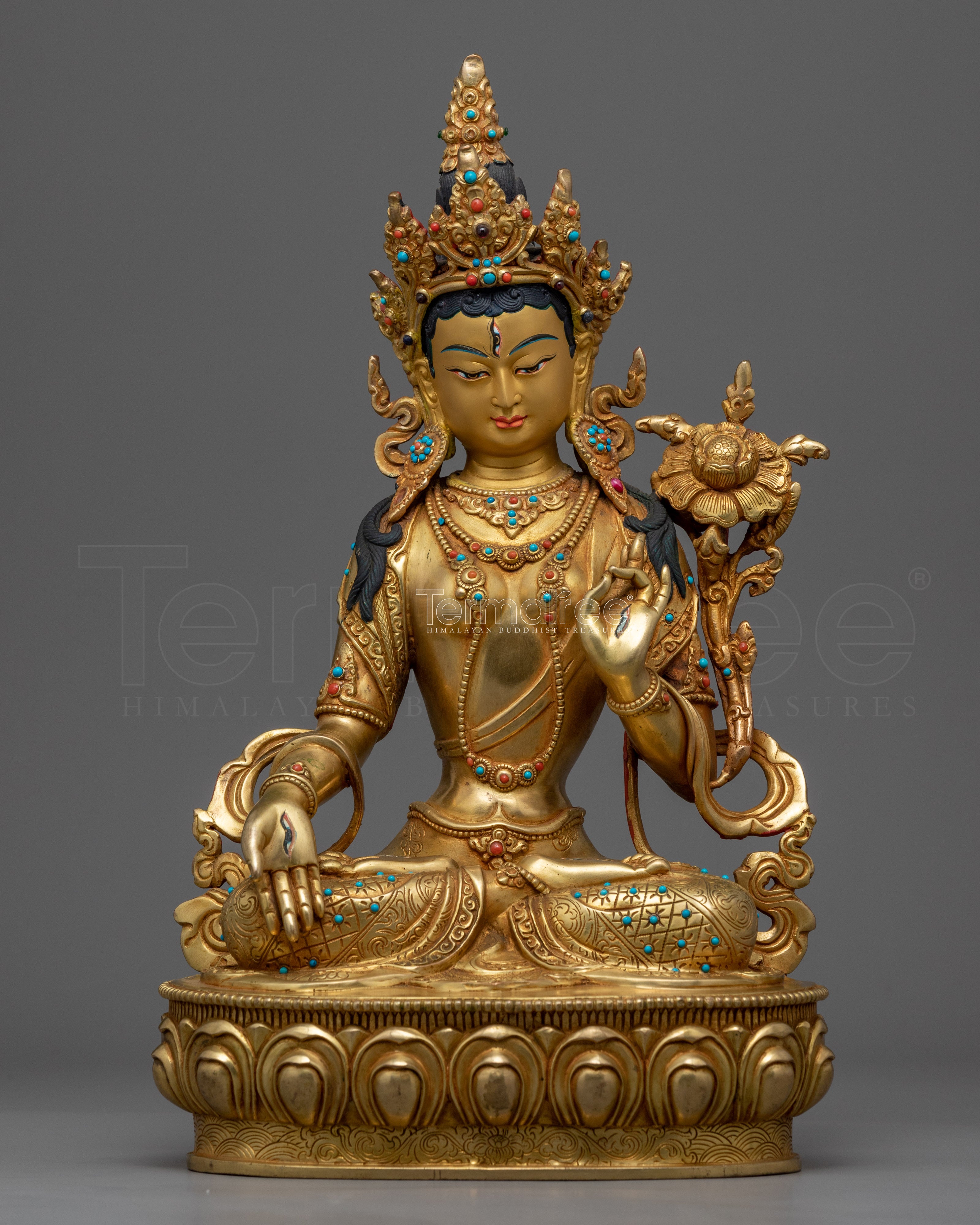 24K Gold Plated White Tara Sculpture | Female Buddhist Deity Sculpture