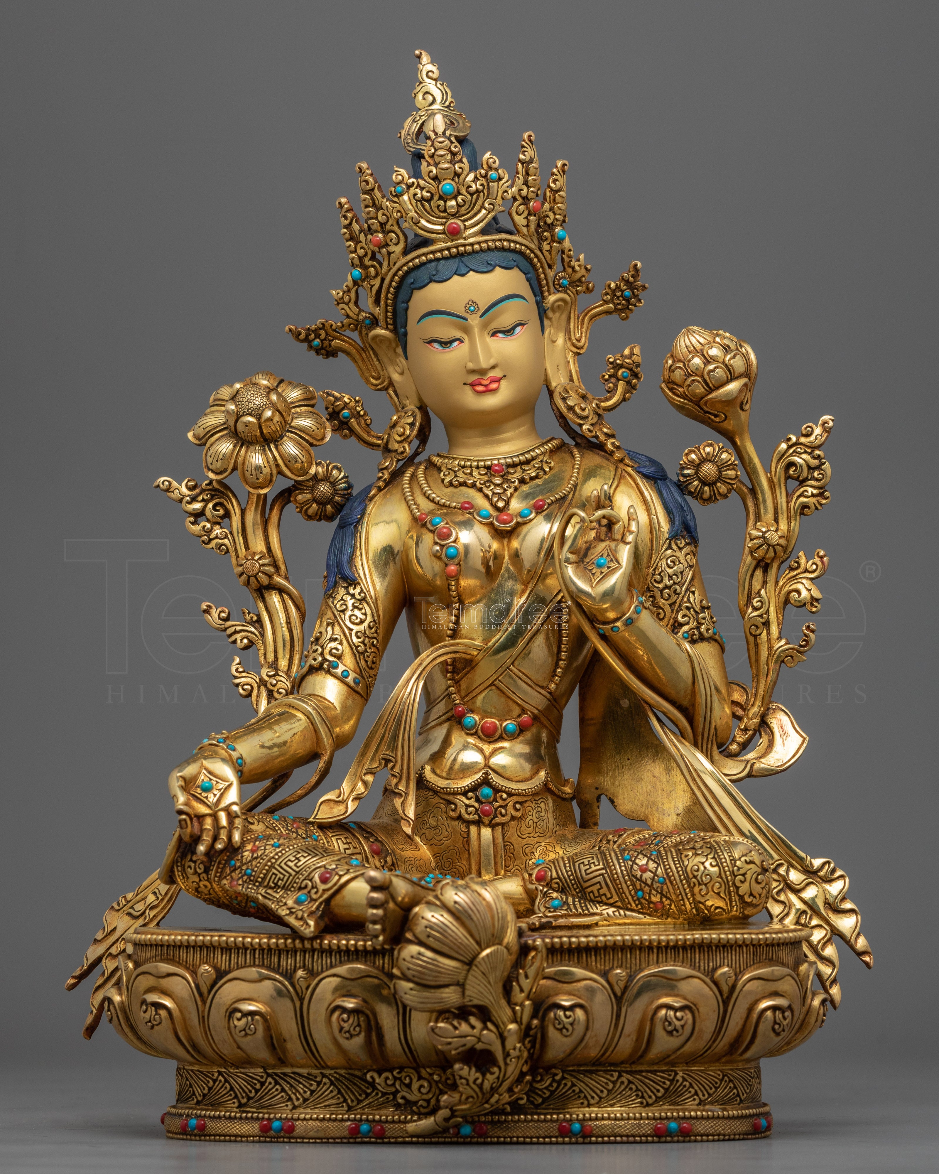 24K Gold Gilded Statue of Green Tara Bodhisattva | Buddhist Meditation Deity Sculpture