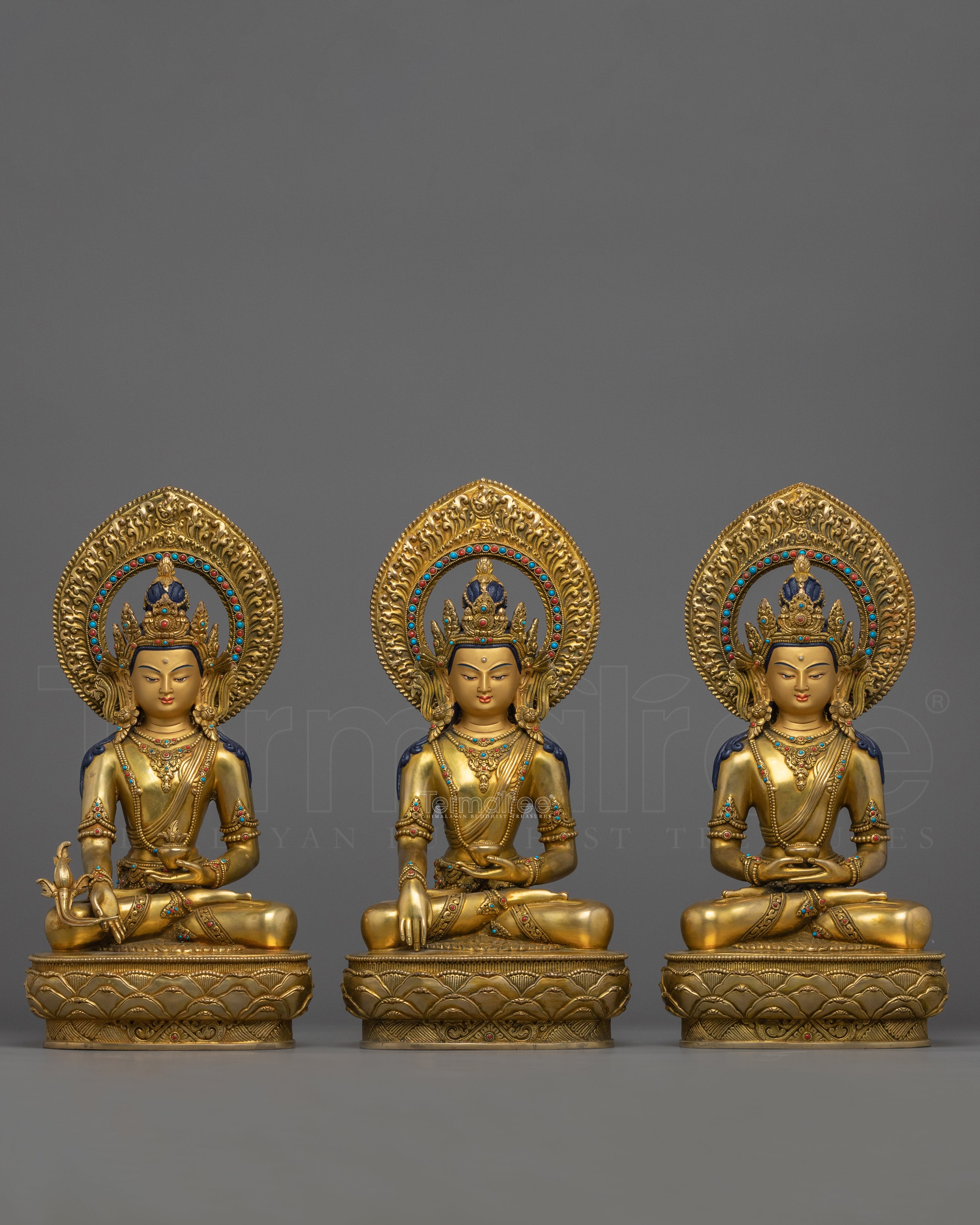 Gold Gilded Three Buddha Statues | Medicine Buddha, Shakyamuni Buddha, Amitabha Buddha