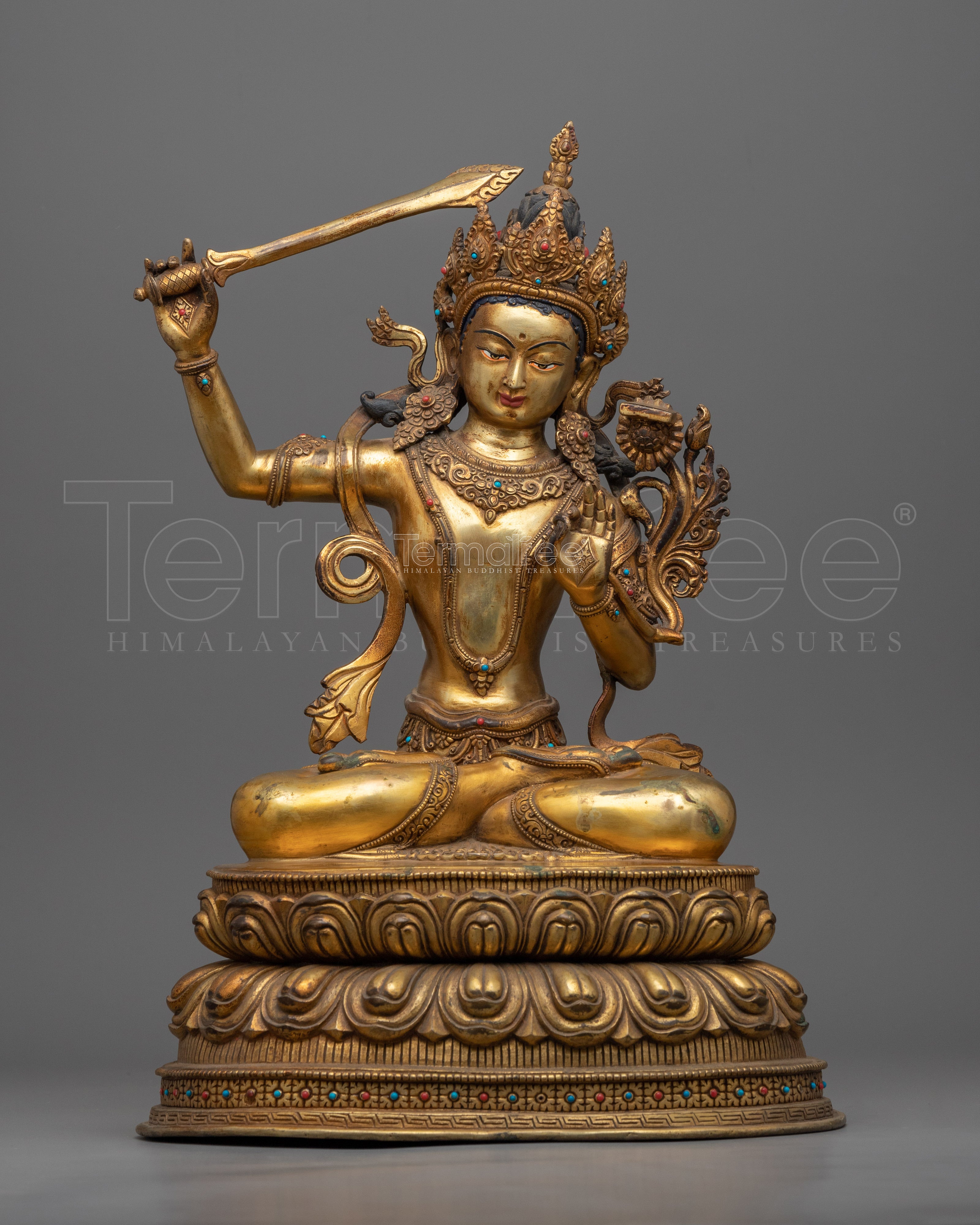 Gold Gilded Bodhisattva Manjushri Sculpture for Meditation | Tibetan Style Buddhist Statue