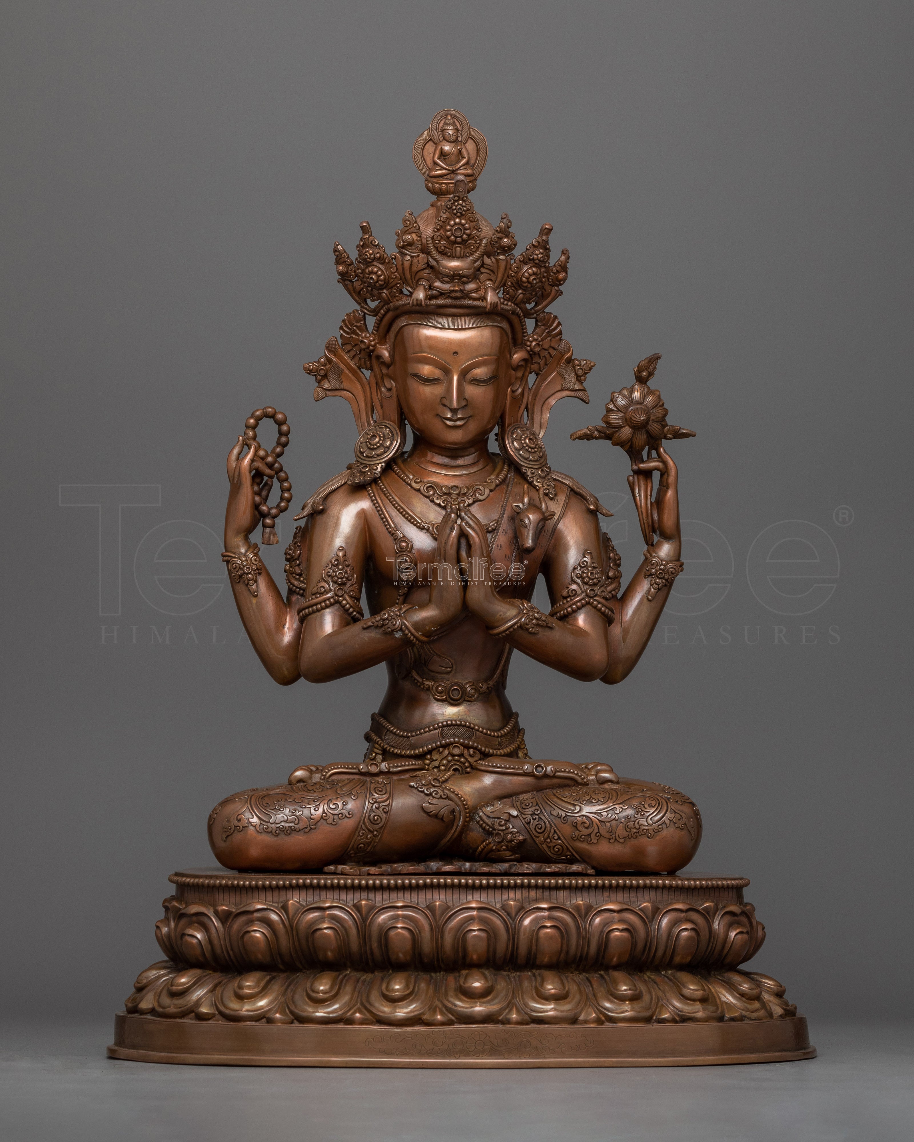 Oxidized Copper Chenrezig Statue |  Hand-Carved Bodhisattva Statue
