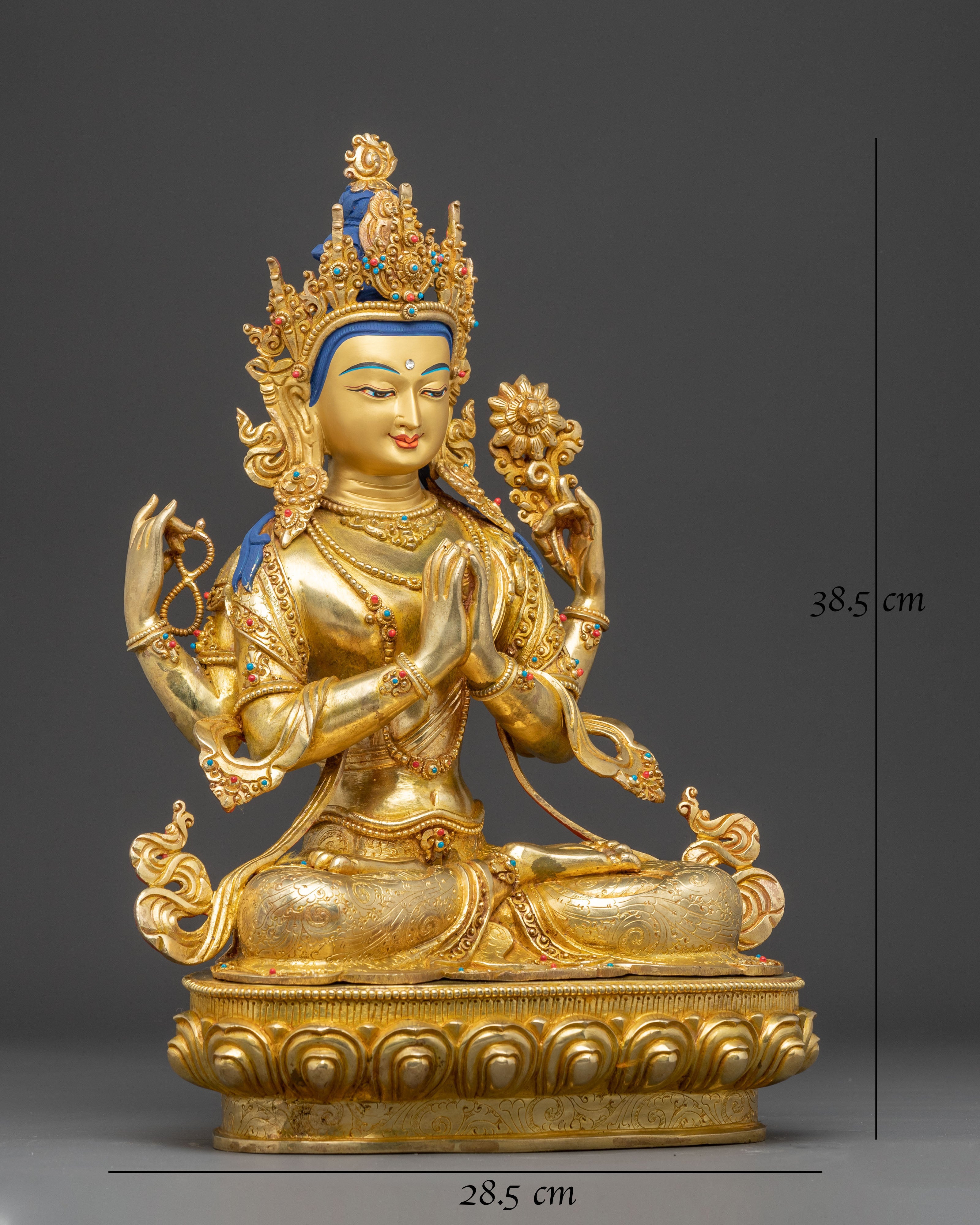 Handcrafted Golden Statue of Four Armed Chenrezig