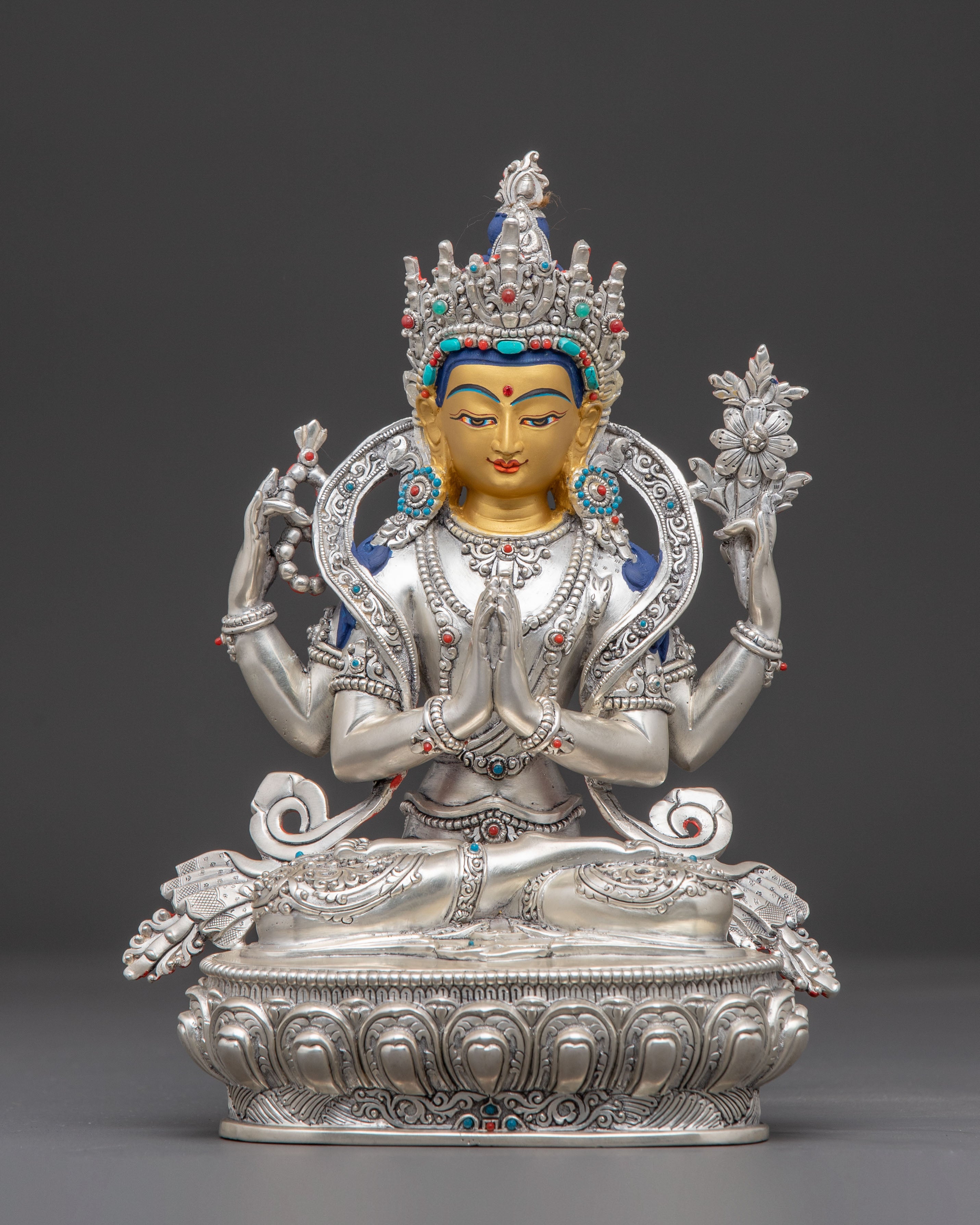 Silver Chenrezig Statue: Bodhisattva of Compassion
