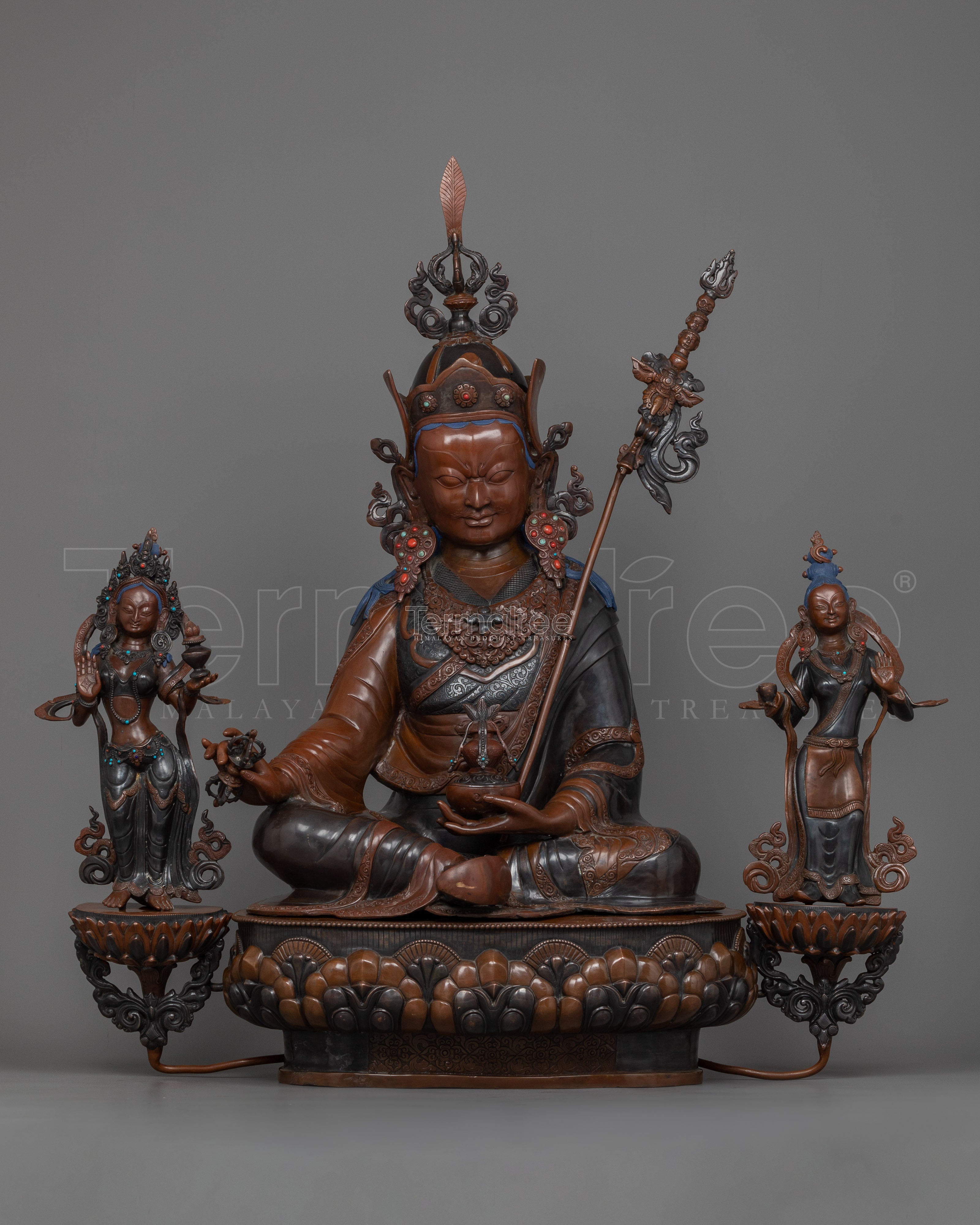 Guru Rinpoche Statue with Mandarva & Yeshe Tsogyal | Himalayan Buddhist Art