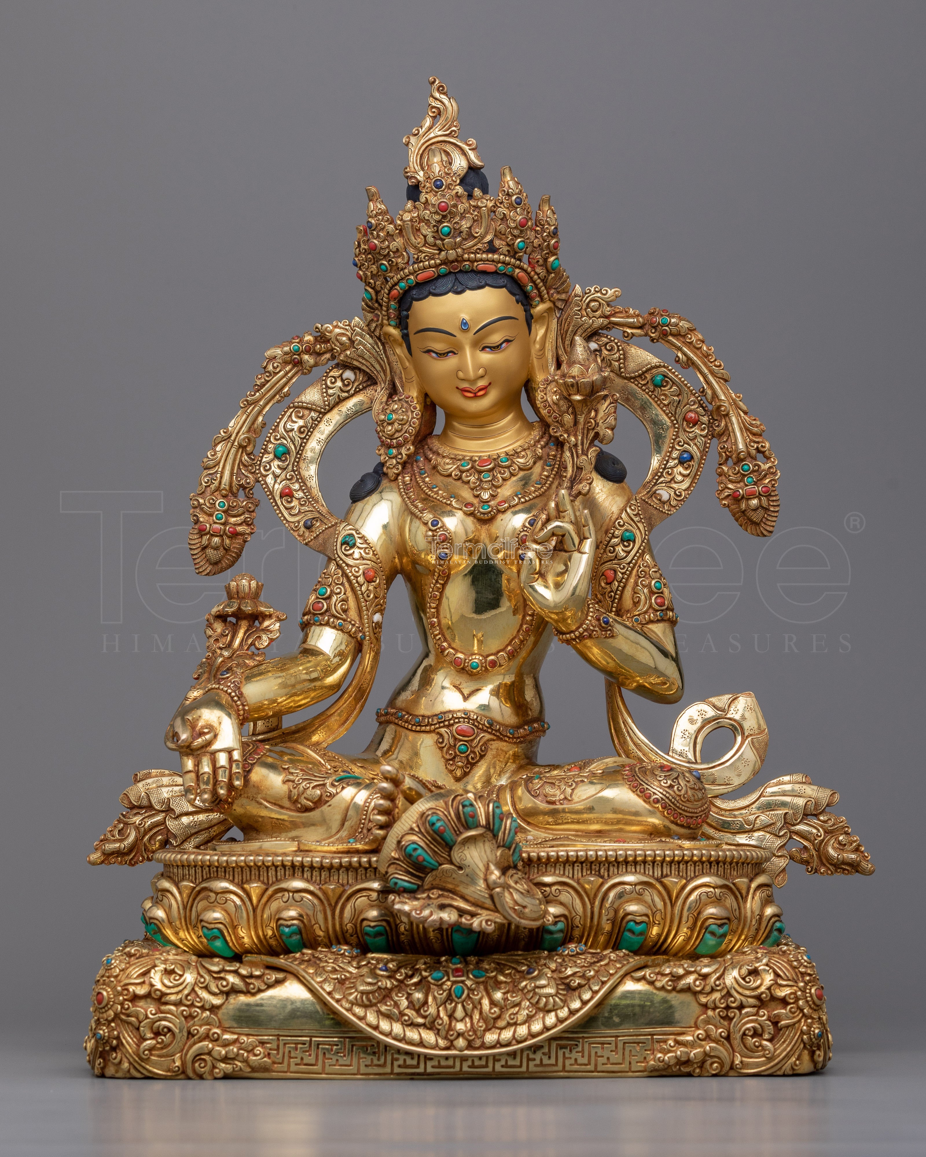 Embrace Protection with the Statue of Tara Green | Himalayan 24k Gold Gilded Art