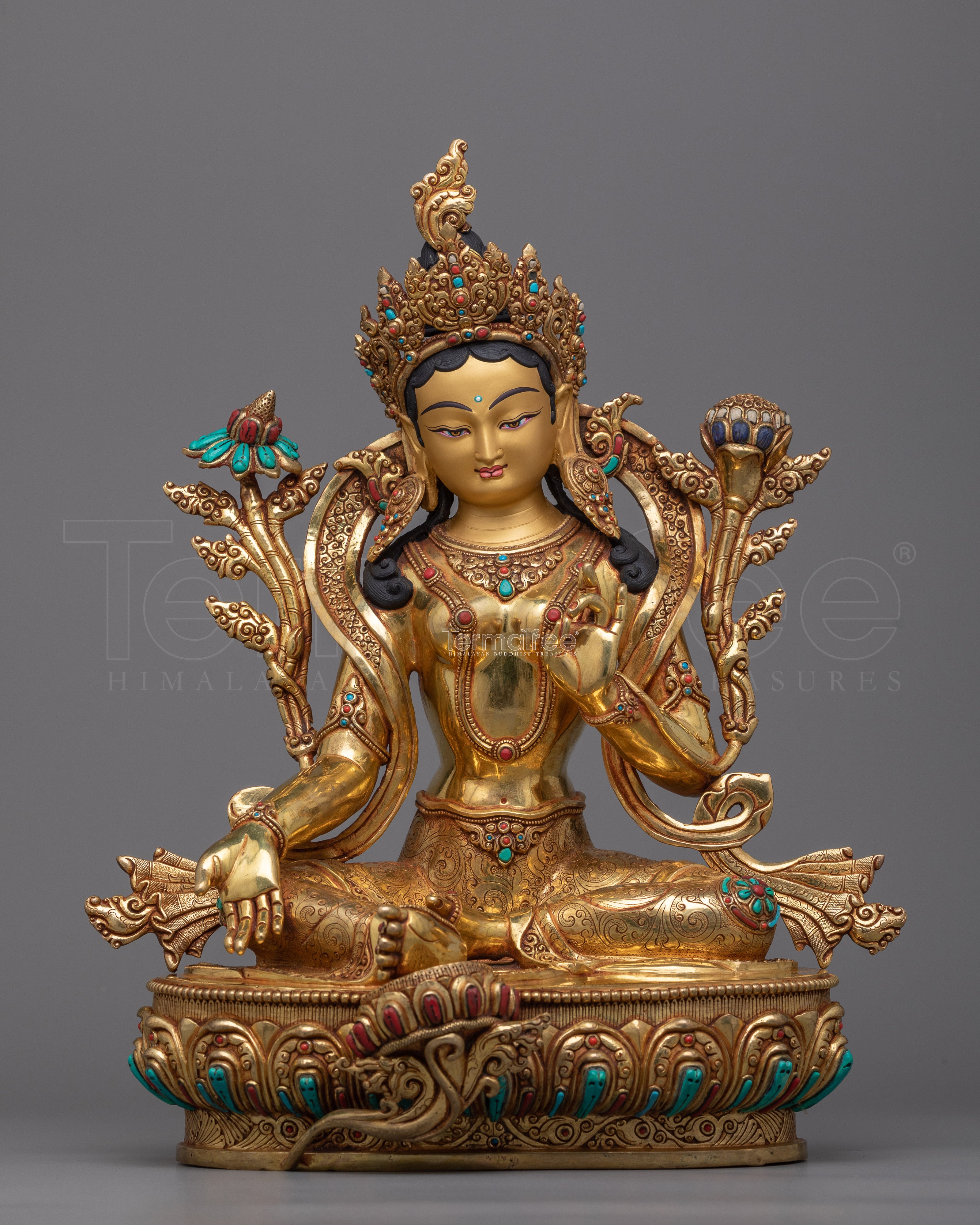 Green Tara Ma Tara | A Symbol of Compassion and Swift Action in a Beautiful Gold Gilded Statue