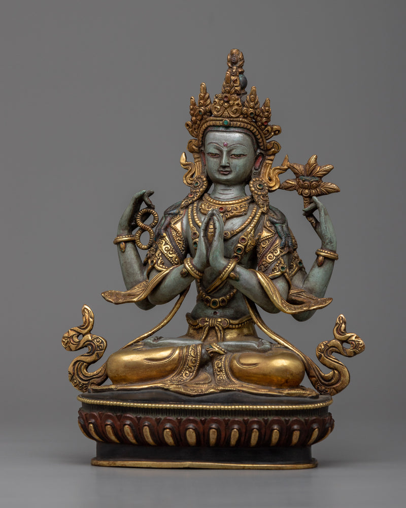 Chenrezig Antique Touch Statue | Handmade In Traditional Himalayan Art of Nepal