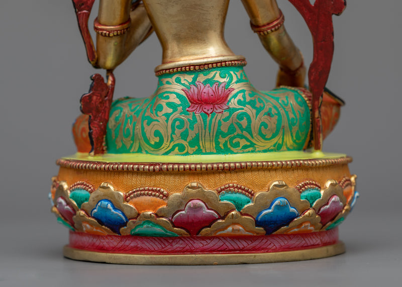 Evoke Compassionate Energy with Deity Tara Statue | Green Tara Gold Gilded Sculpture