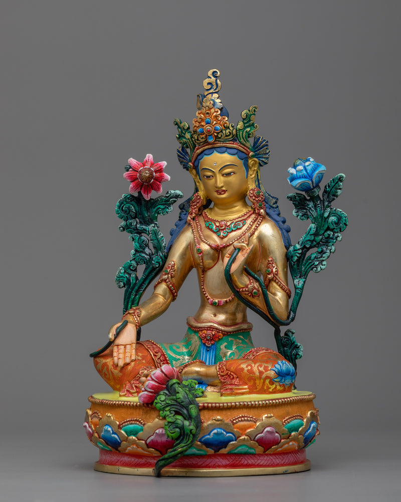 Evoke Compassionate Energy with Deity Tara Statue | Green Tara Gold Gilded Sculpture