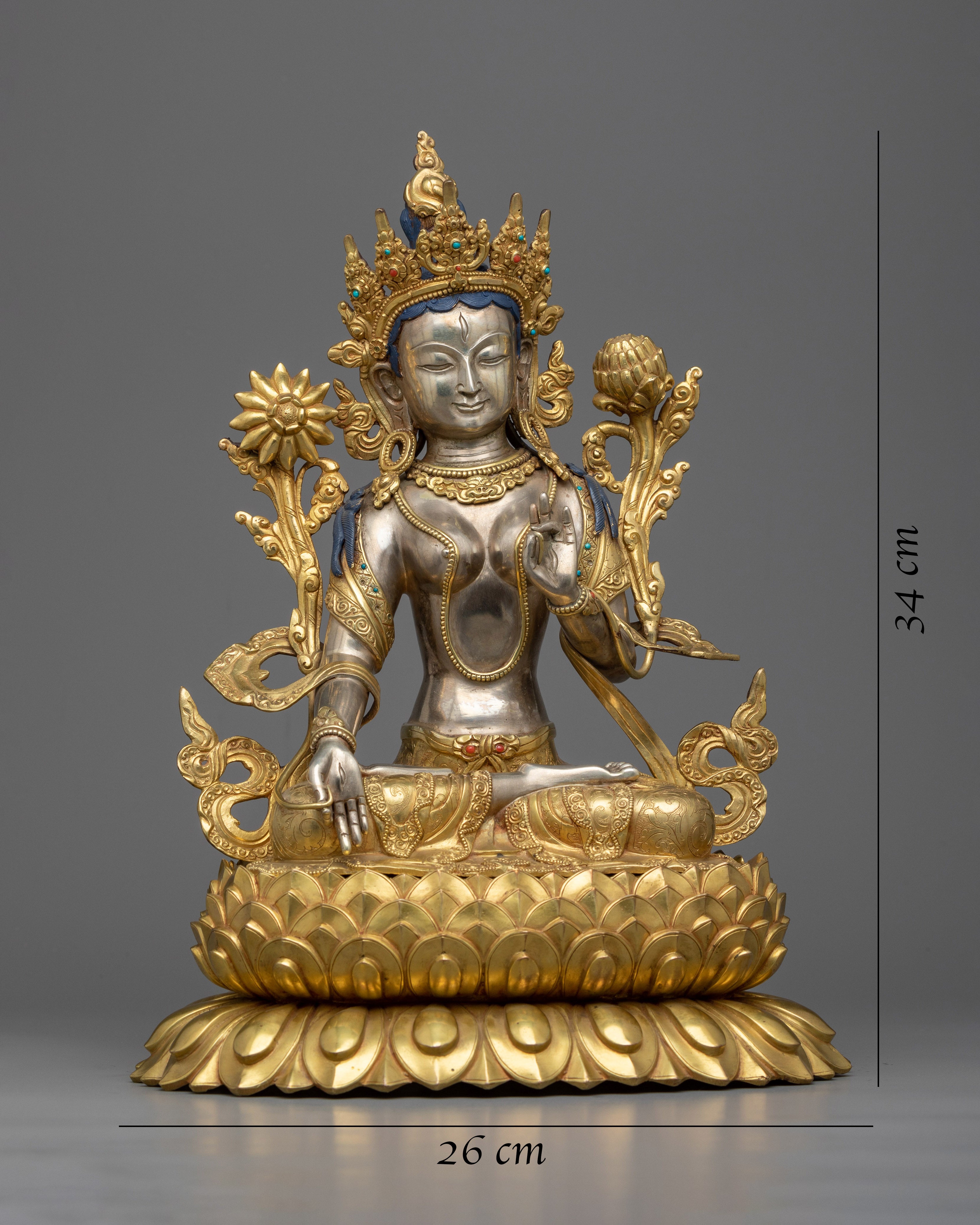 White Tara Buddhist Goddess of Compassion Statue | Himalayan Pure Silver Sculpture