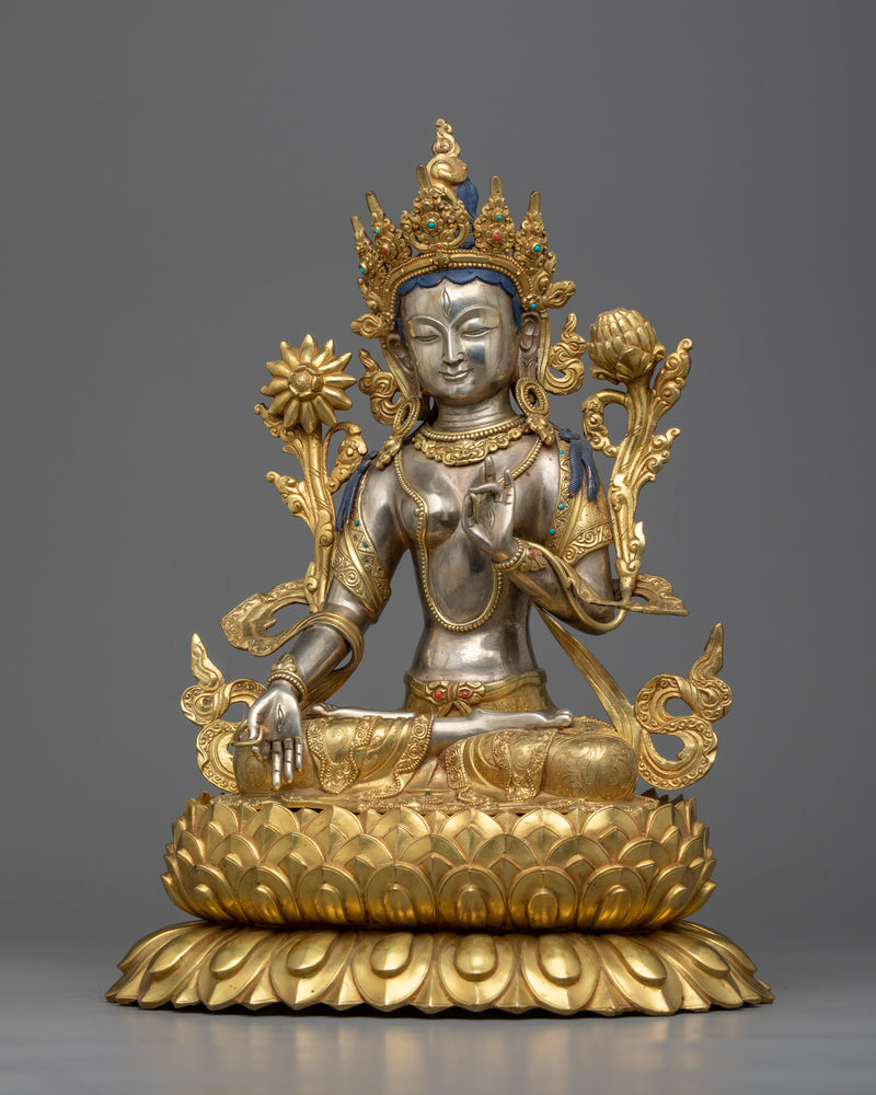 White Tara Buddhist Goddess of Compassion Statue | Himalayan Pure Silver Sculpture