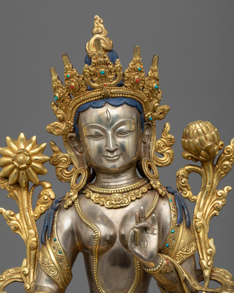 White Tara Buddhist Goddess of Compassion Statue | Himalayan Pure Silver Sculpture