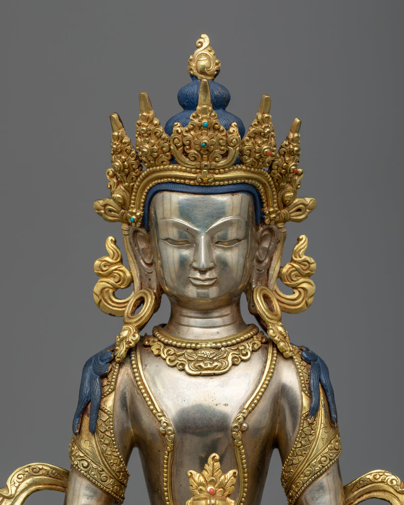 Amitayus Tibetan Buddha Statue |  Longevity and Wisdom in Silver and Gold