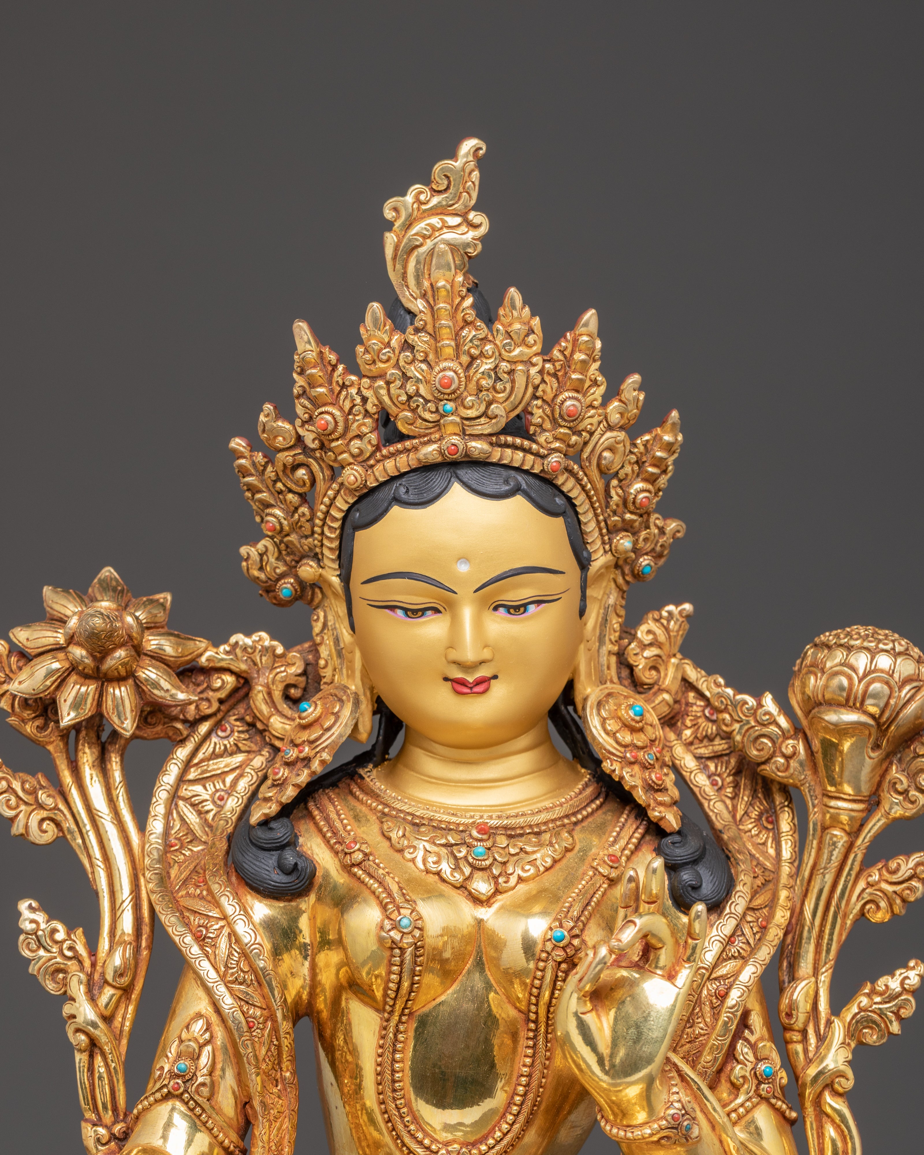 Handmade Golden Statue of Green Tara | Female Buddha of Compassion