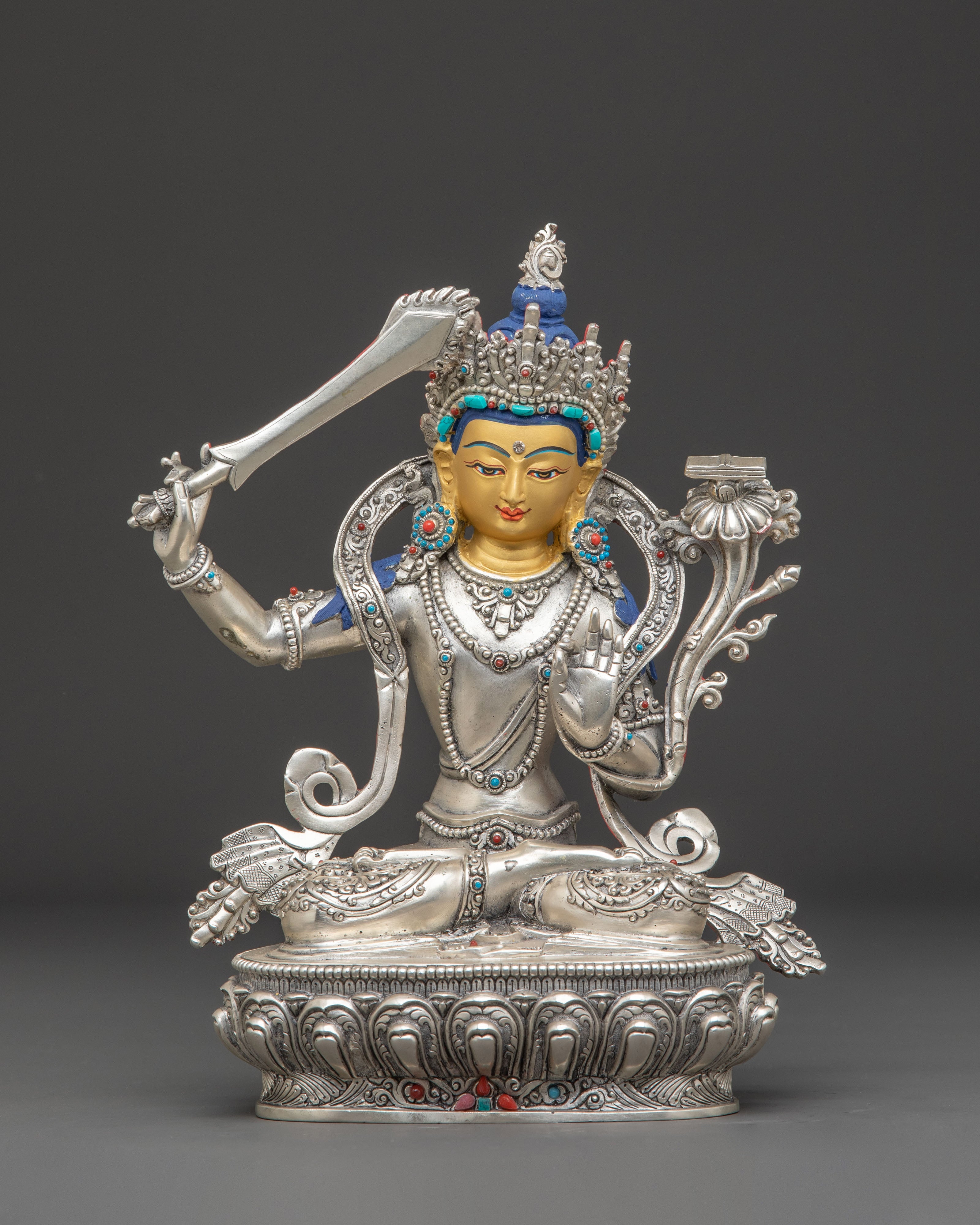 Silver Manjushri Statue: Bodhisattva of Insight | Traditional Himalayan Art