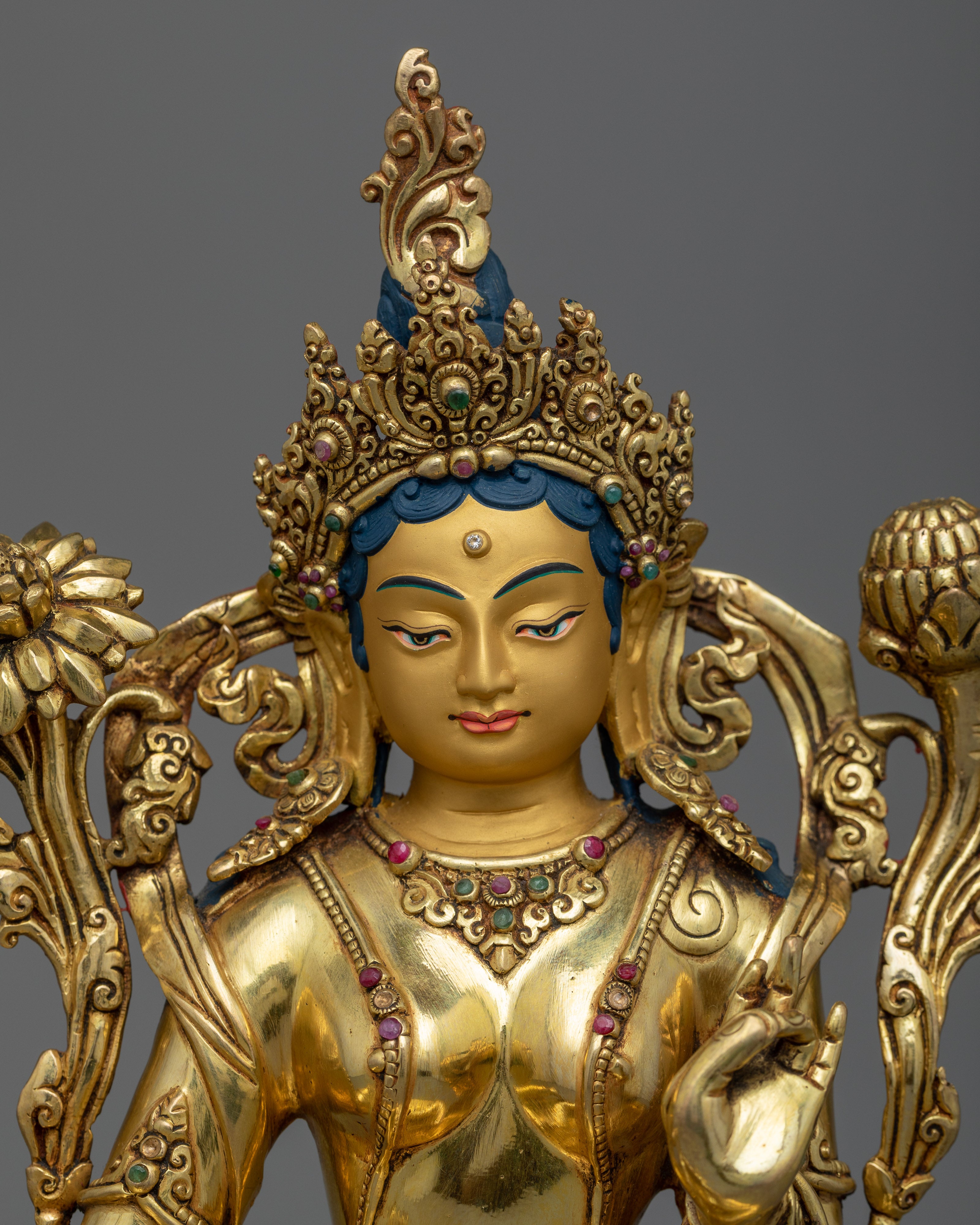 Compassion and Enlightenment with Green Tara Symbolism | Gold Gilded Tara Statue
