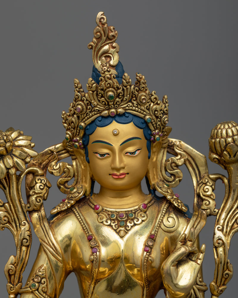 Compassion and Enlightenment with Green Tara Symbolism | Gold Gilded Tara Statue