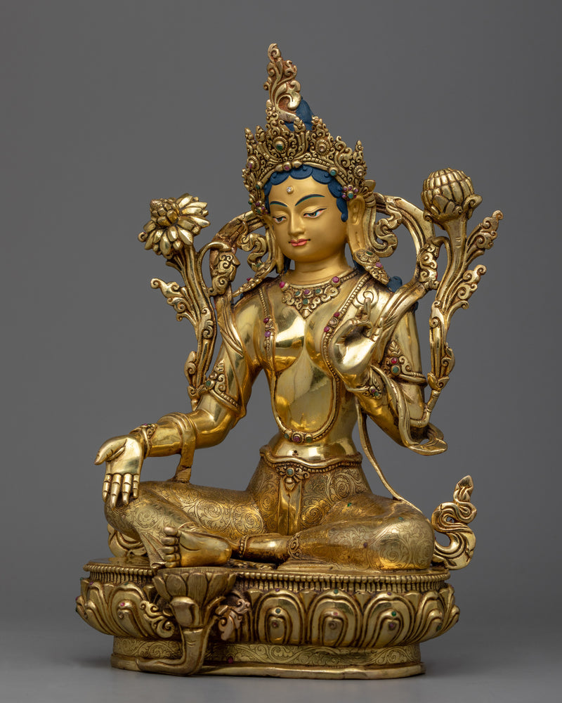 Compassion and Enlightenment with Green Tara Symbolism | Gold Gilded Tara Statue