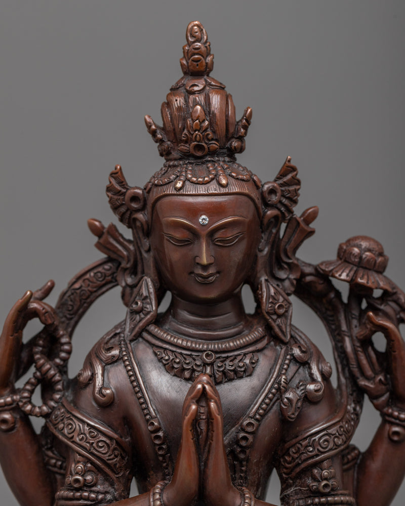 Avalokiteshvara Lord of Who Witnesses Cries of the Ignorant | Oxidized Copper Chenrezig Statue