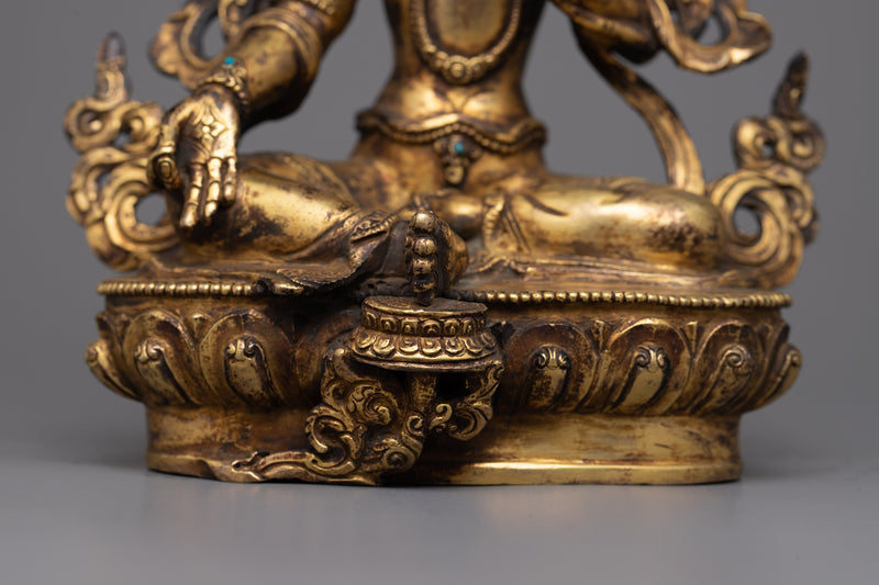 Antique-Finished Green Tara Statue in 24K Gold | Emblem of Active Compassion