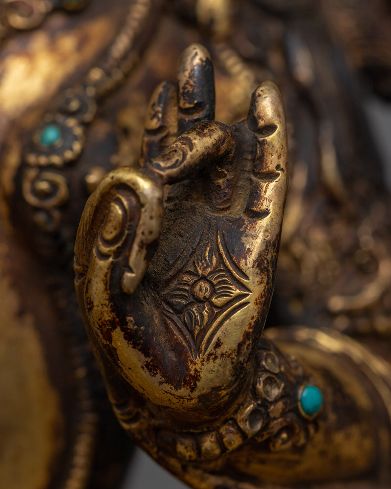 Antique-Finished Green Tara Statue in 24K Gold | Emblem of Active Compassion