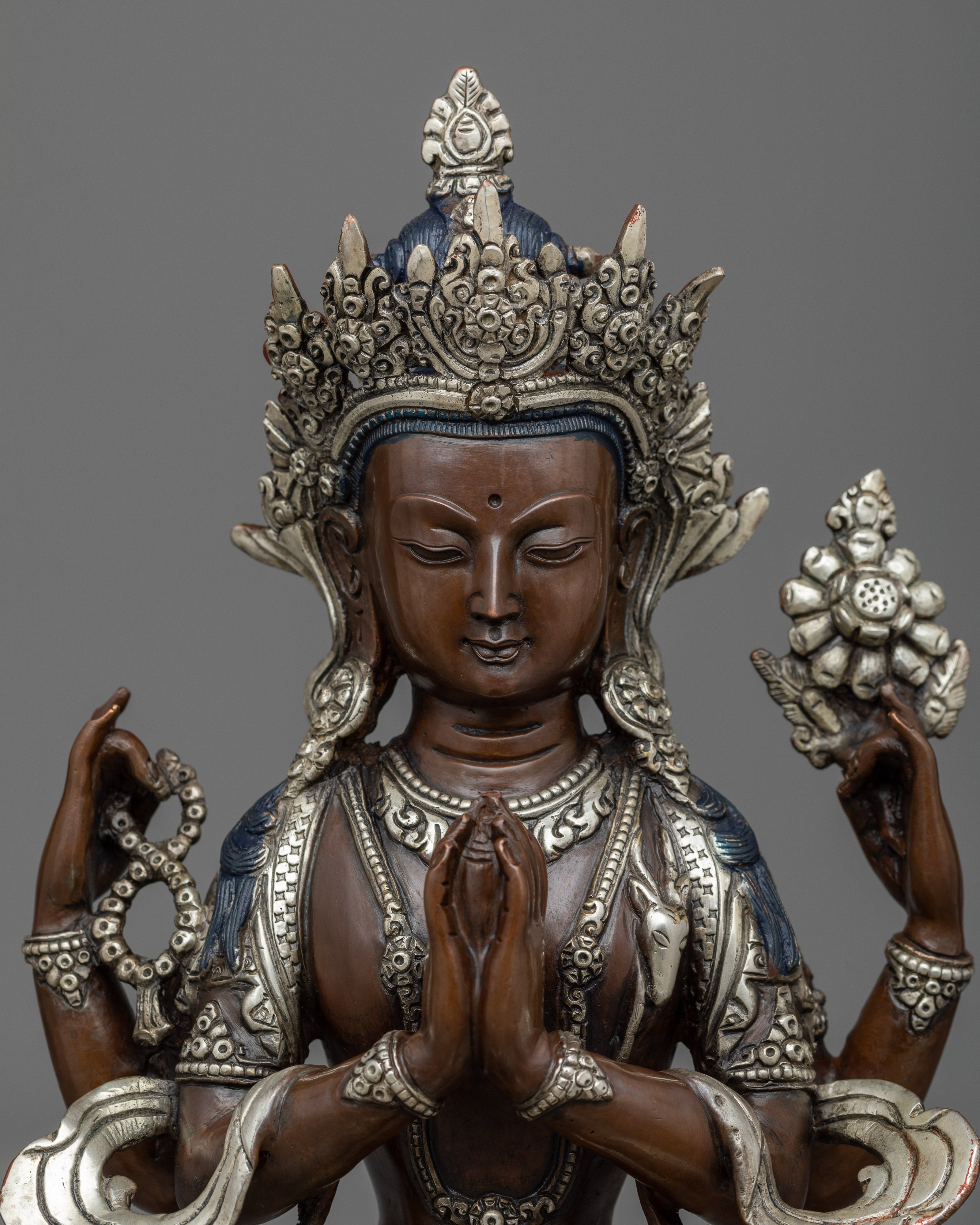 Chenrezig Silver Plated Statue | 12.9" Compassionate Deity of Bodhisattva