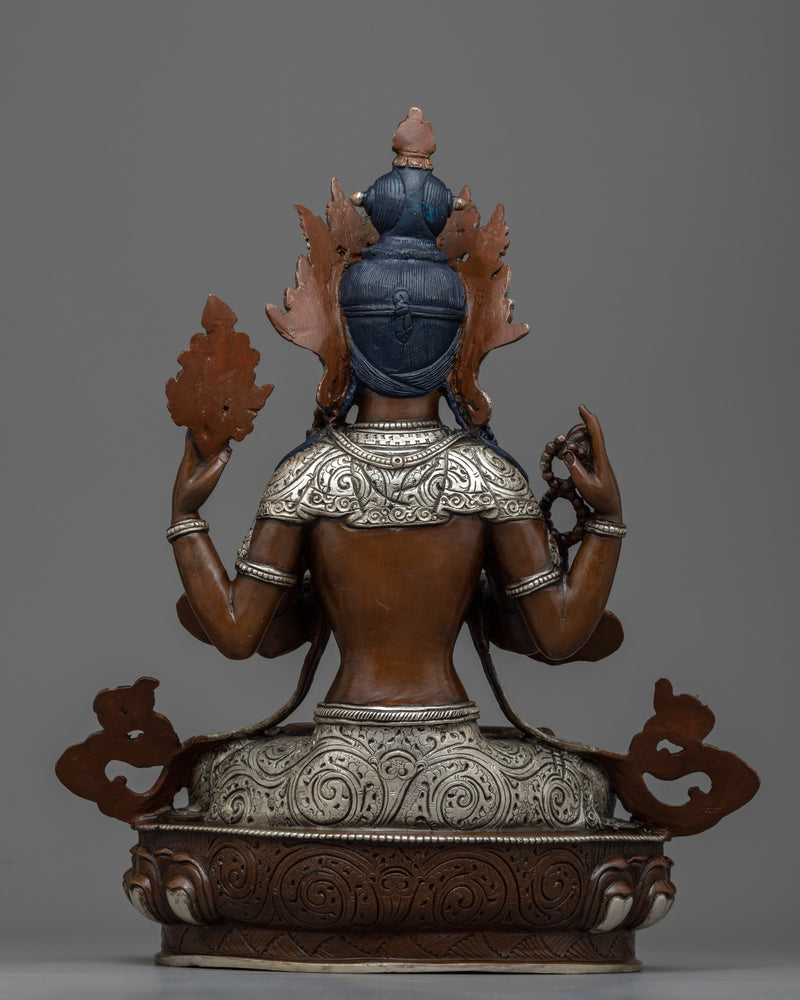 Chenrezig Silver Plated Statue | 12.9" Compassionate Deity of Bodhisattva