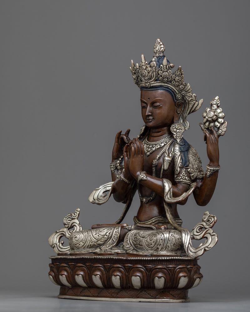 Chenrezig Silver Plated Statue | 12.9" Compassionate Deity of Bodhisattva