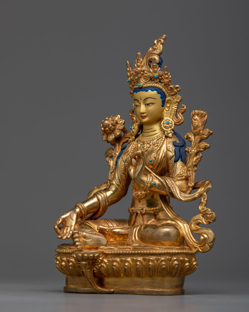 Green Tara Statue in Gold | Enlightened Female Buddha