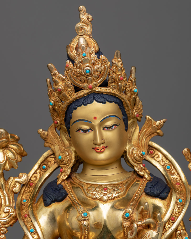 Green Tara Female Buddha Sculpture | 15.3 Inches Statue of Compassionate Goddess