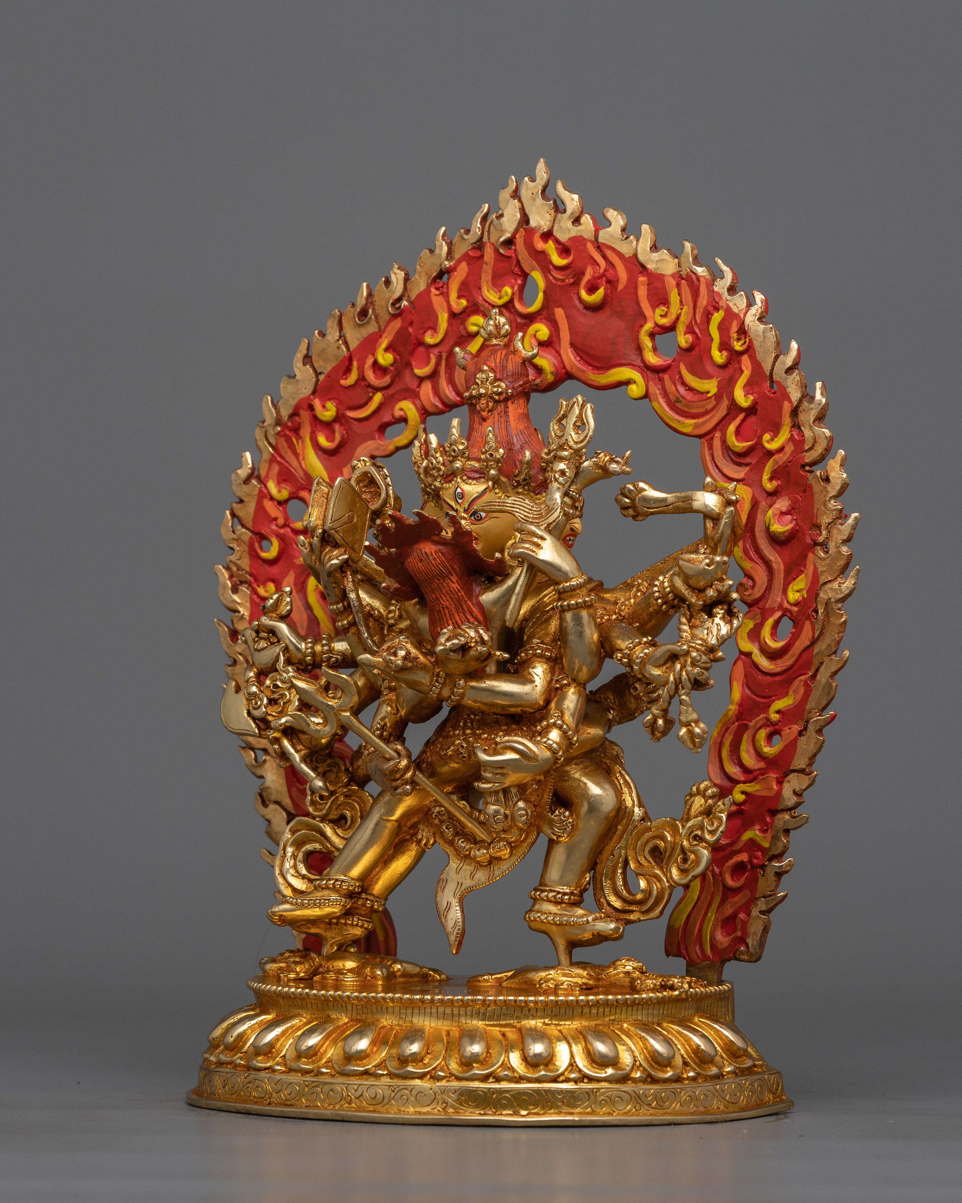 Twelve-Armed Chakrasamvara Statue | 24k Gold Sculpture with His Consort Vajravarahi