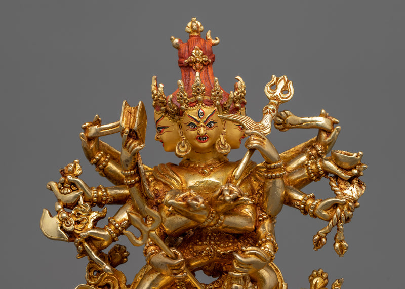Twelve-Armed Chakrasamvara Statue | 24k Gold Sculpture with His Consort Vajravarahi