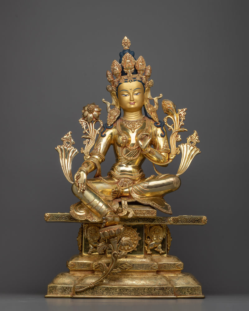 Green Tara on Throne Statue | Hand-Carved Buddhist Sculpture